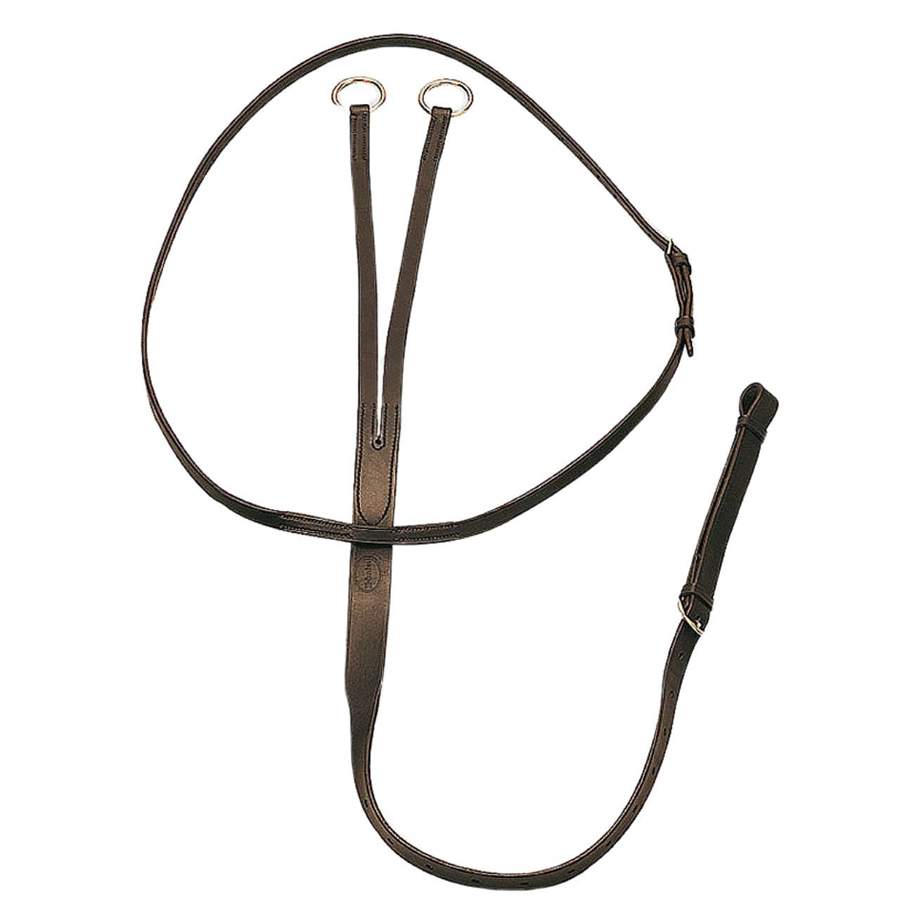 Martingal aus Leder. Dunkelbraunes Leder mit zwei Ringen und einem Riemen.