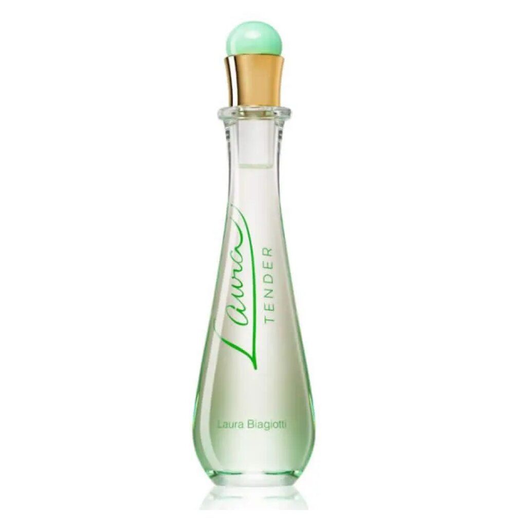 Parfümflasche. Flasche mit grünem Deckel, goldener Manschette, Schriftzug Laura Tender. Transparente Flüssigkeit.