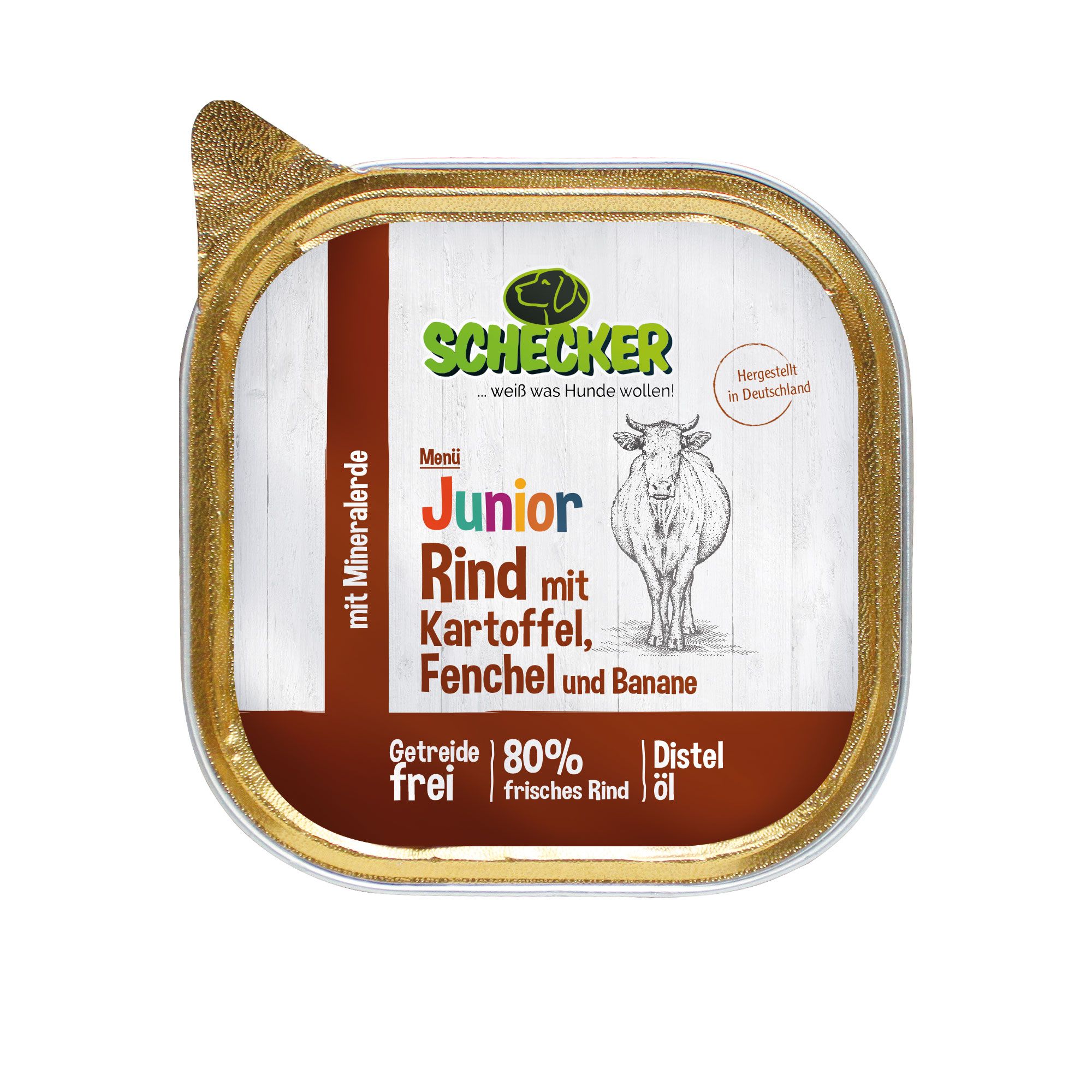 Schecker Nassfutter - Hundemenü - Junior Rind mit Kartoffel, Fenchel und Banane