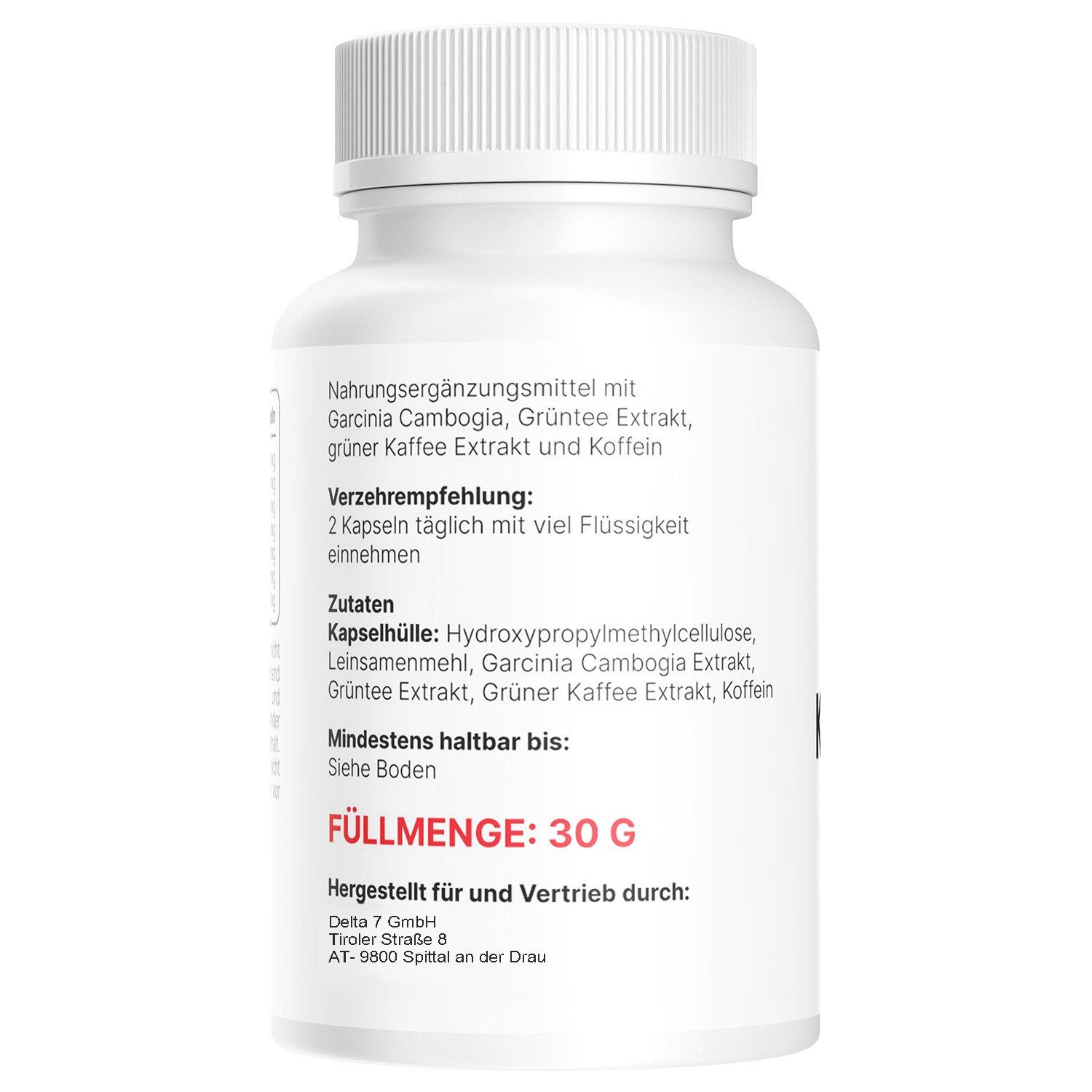 Rückseite einer weißen Flasche. Aufschrift: Nahrungsergänzungsmittel mit Garcinia Cambogia, Grüntee Extrakt, grüner Kaffee Extrakt und Koffein. Füllmenge: 30 g.