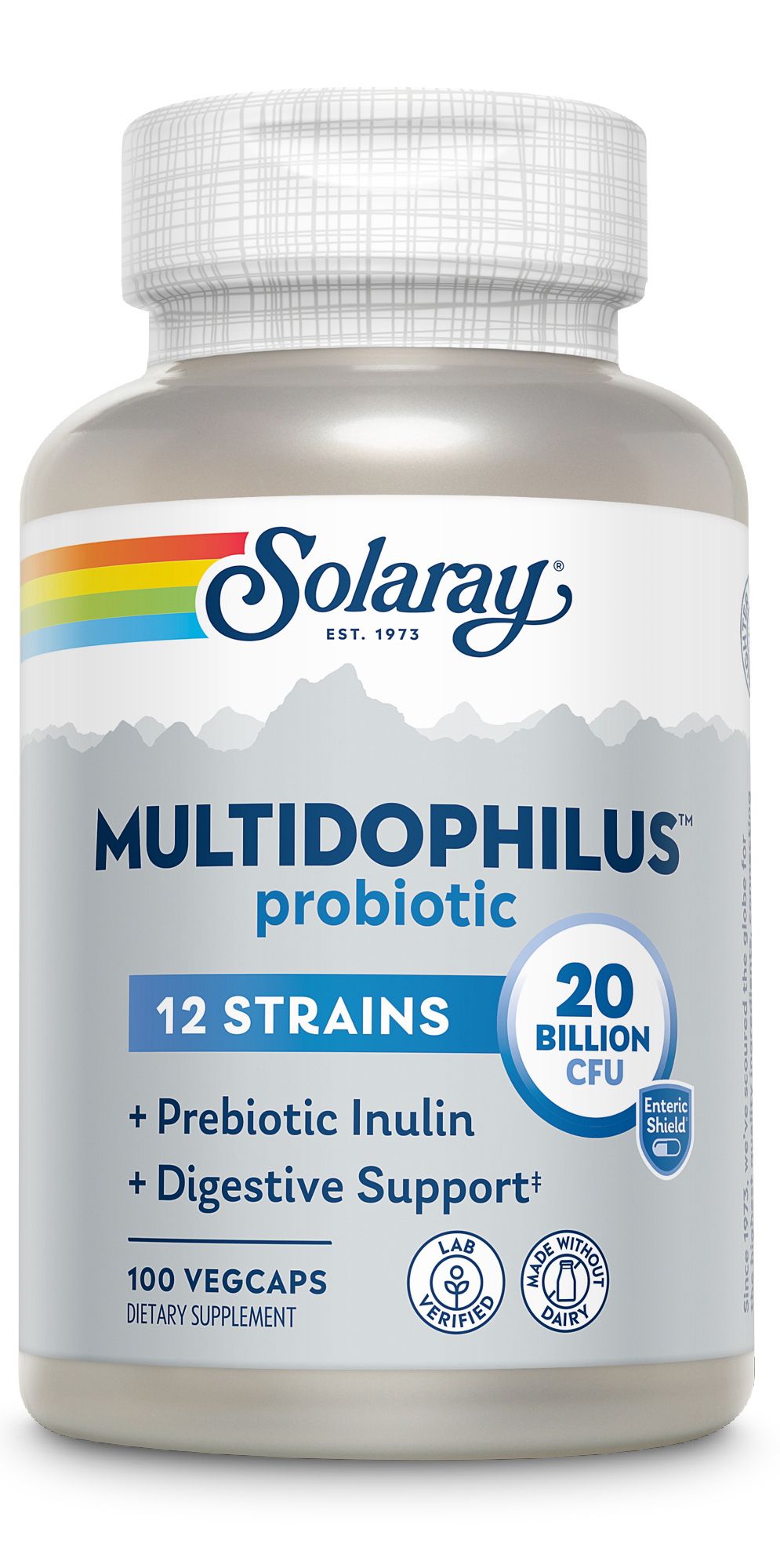Solaray Multidophilus 12 Flasche. Weißer Deckel, grauer Behälter. Text: 12 Stämme, 20 Milliarden KBE, Inulin.
