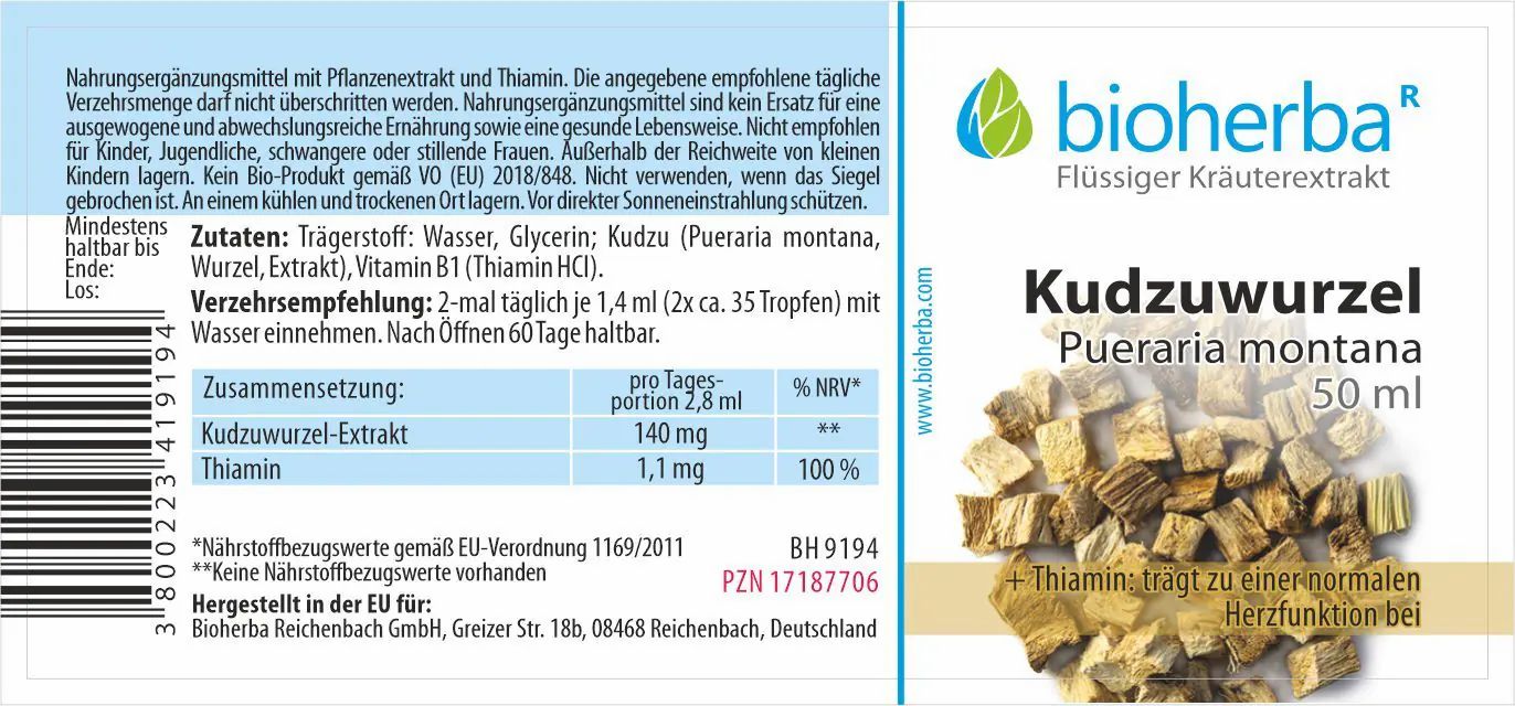 Etikett mit Produktname, Marke und Inhaltsstoffen. Text in deutscher Sprache. Holzstückchen im unteren Bereich.