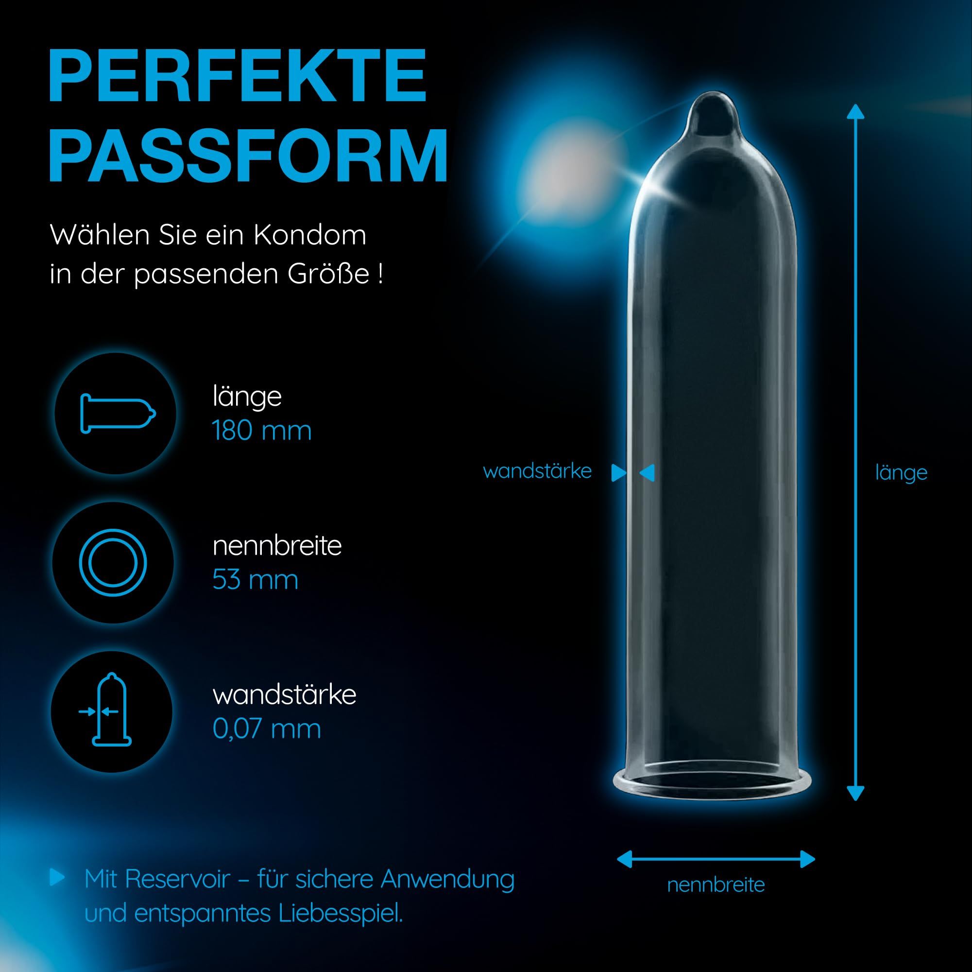 Vitalis PREMIUM Natural Kondom: Länge 180 mm, Nennbreite 53 mm, Wandstärke 0,07 mm.
