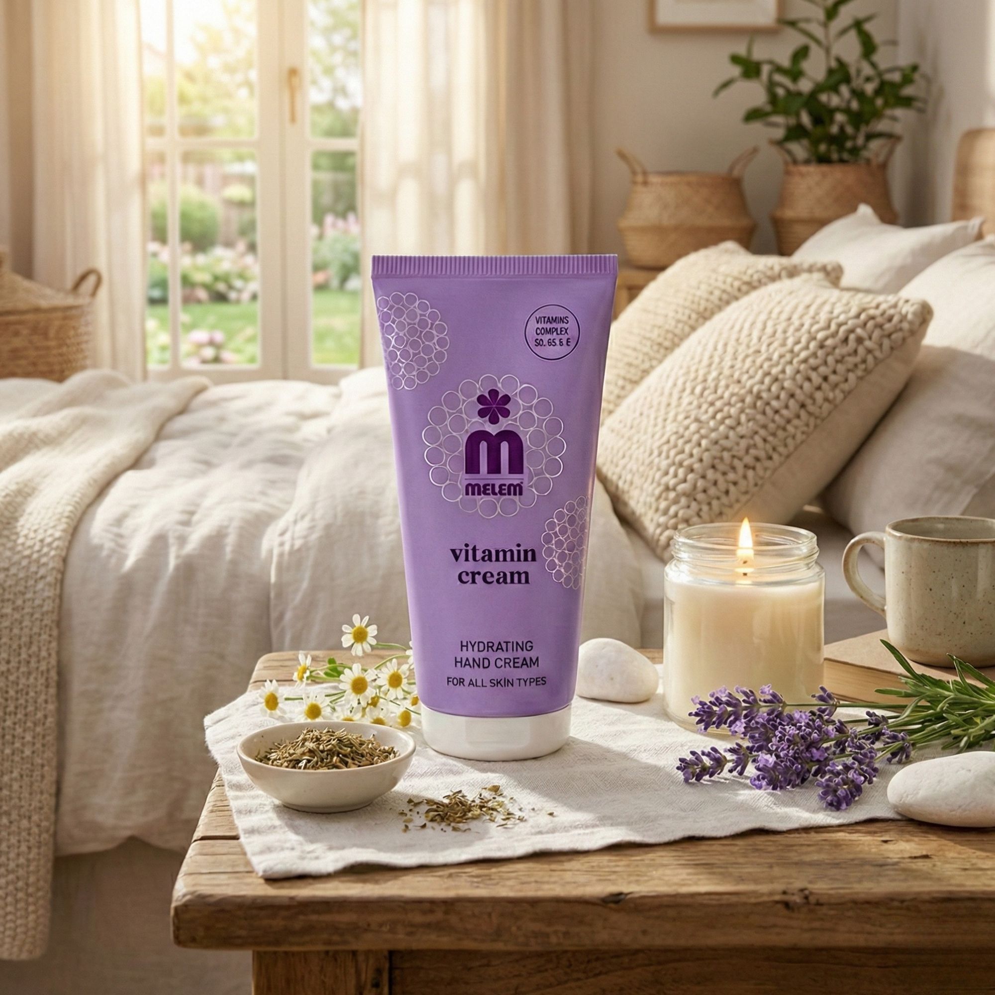 Lila Tube Melem Vitamin Handcreme auf einem Holztisch. Aufschrift: Vitamin Cream, Hydrating Hand Cream, für alle Hauttypen. Umgebung: Kerze, Blumen.