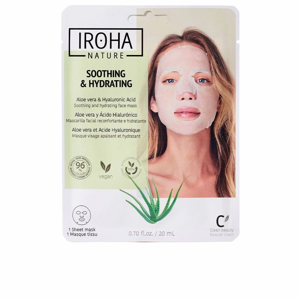 Iroha Nature beruhigende und feuchtigkeitsspendende Tuchmaske mit Aloe Vera und Hyaluronsäure.
