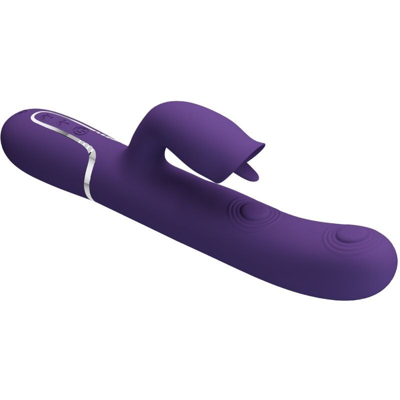 Lila Vibrator mit Hasenohren-Design. Mit silbernen Akzenten und drei Knöpfen. Liegt auf einer Oberfläche.