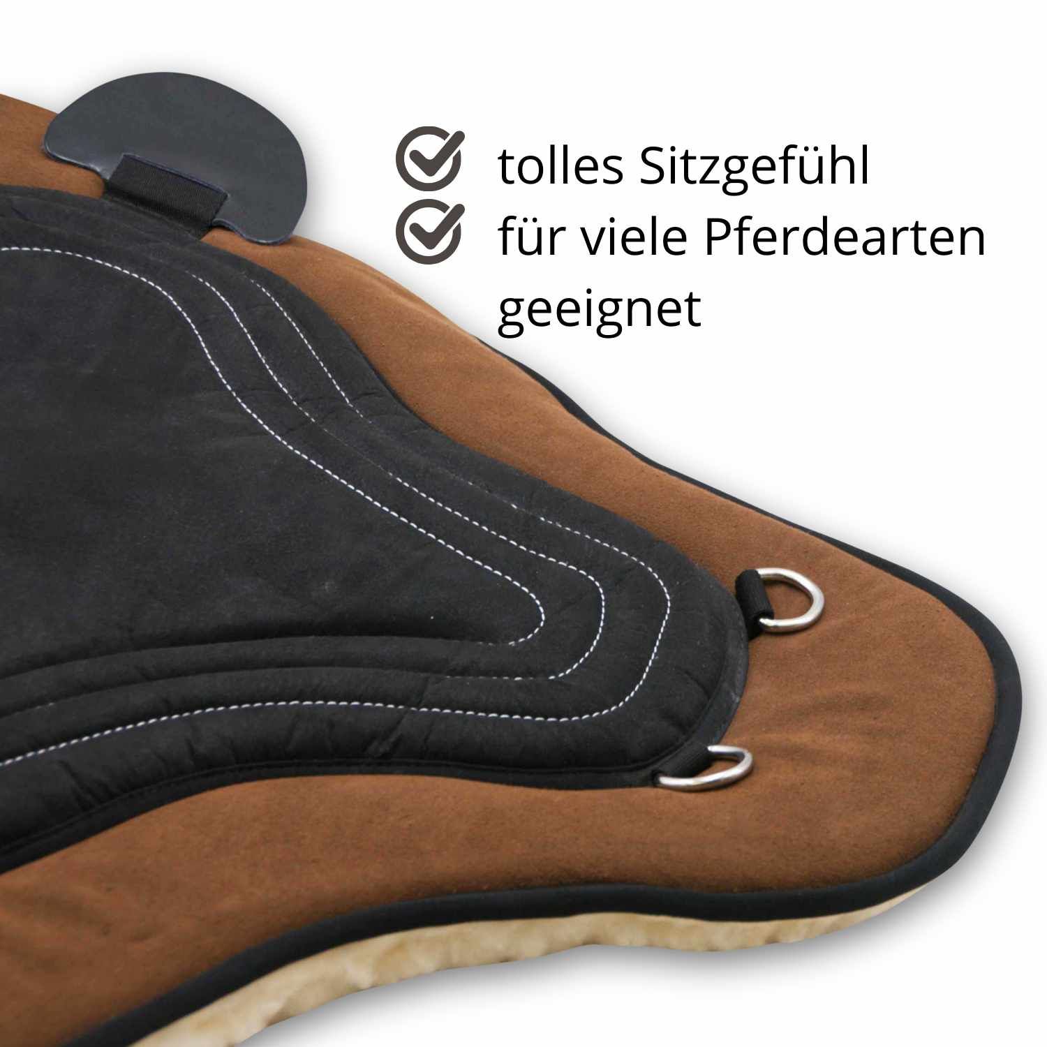 Nahaufnahme der Sattelunterlage mit tollem Sitzgefühl und für viele Pferdearten geeignet.