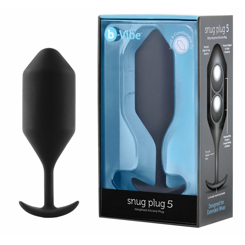 Schwarzer Plug neben Verpackung. Produktname: Snug Plug 5. Marke: b-Vibe. Verpackung mit transparentem Fenster.