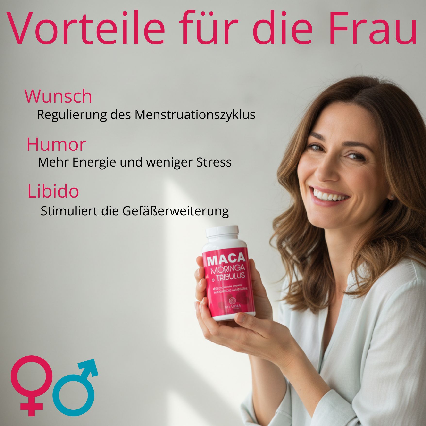 Frau hält Flasche des Nahrungsergänzungsmittels, Vorteile für Frauen werden genannt.