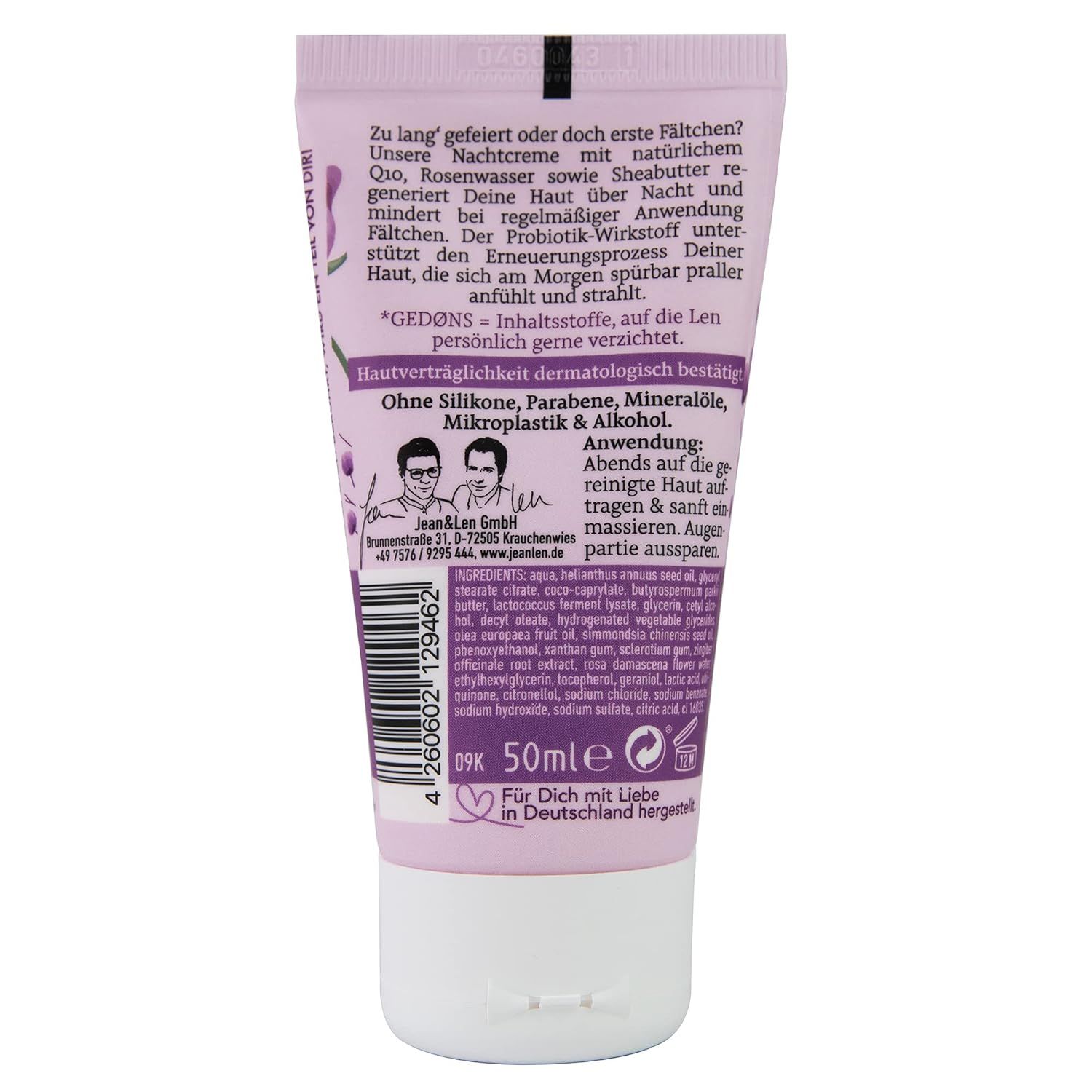Rückseite einer Creme-Tube. Text: Jean & Len, Inhaltsstoffe, Anwendung. 50ml. Ohne Silikone, Parabene, Mineralöle, Mikroplastik & Alkohol.