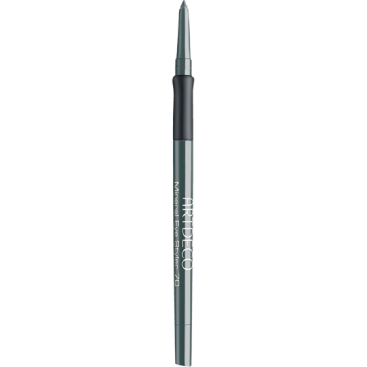 Artdeco Mineral Eye Styler. Grauer Stift mit schwarzem Griff. Spitze nach oben gerichtet. Produktname und Marke auf dem Stift.