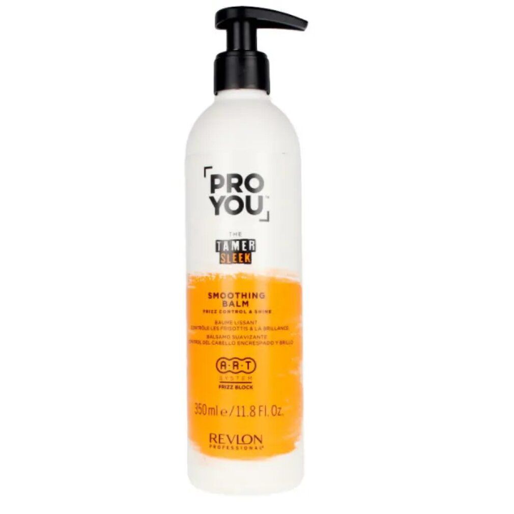 Weiß-orange Flasche mit schwarzem Pumpkopf. Aufschrift: PRO YOU, THE TAMER SLEEK, SMOOTHING BALM. Marke: Revlon.