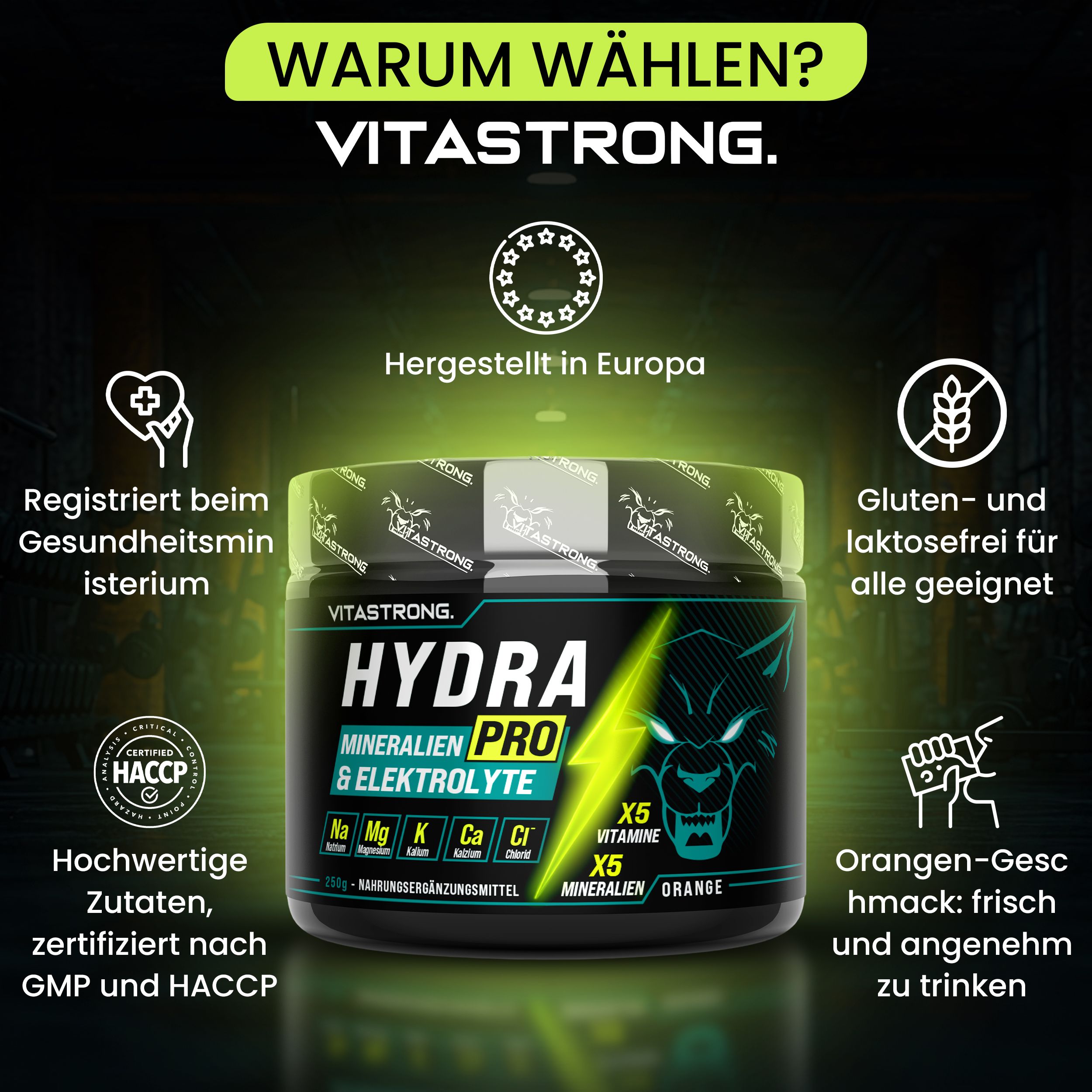 Produkt-Dose "HYDRA PRO" mit Inhaltsstoffen. Text: Mineralien und Elektrolyte. Vitastrong.