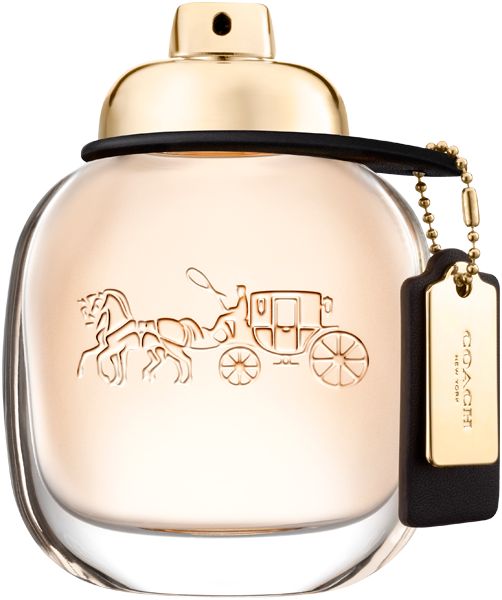 Runde Parfümflasche mit goldenem Deckel, schwarzem Band und Anhänger. Coach-Emblem.