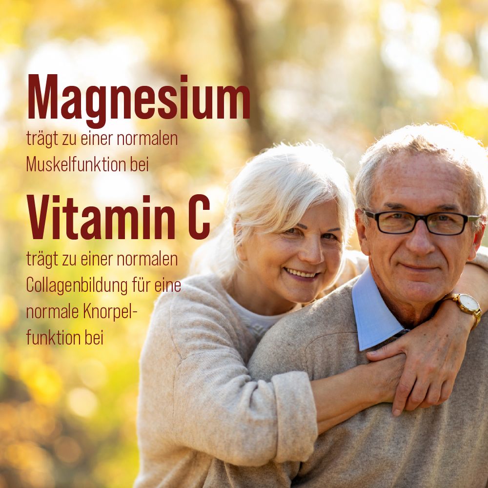 Älteres Ehepaar. Text: Magnesium trägt zur Muskelfunktion bei. Vitamin C trägt zur Knorpelfunktion bei.