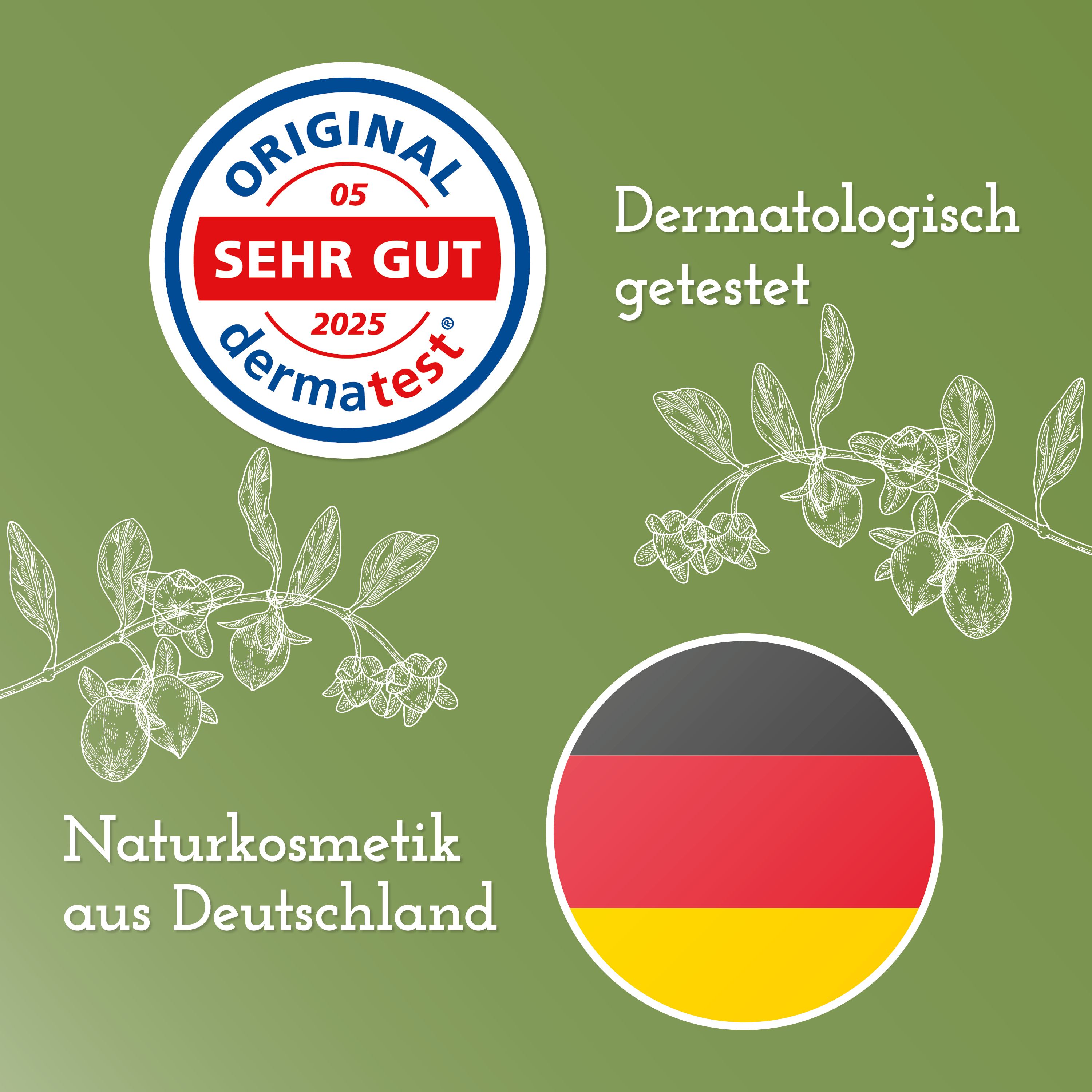 Logo mit Aufschrift: Original, Sehr Gut, dermatest. Zeichnung von Blättern und Früchten. Flagge Deutschlands. Aufschrift: Naturkosmetik aus Deutschland.
