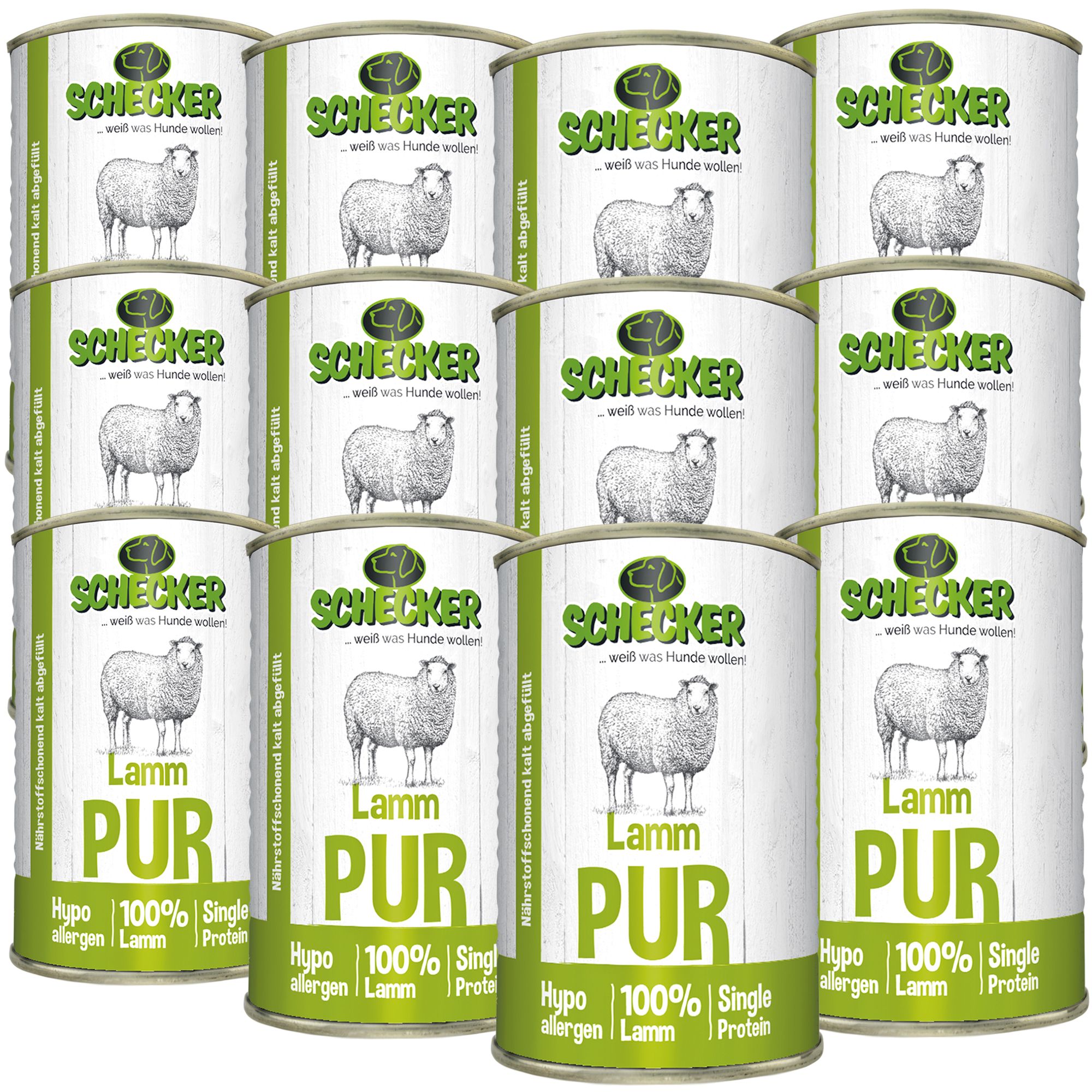 Mehrere Dosen Hundefutter, mit Lamm-Motiv und Text. Aufschrift: Schecker Lamm Pur, 100% Lamm, hypoallergen.