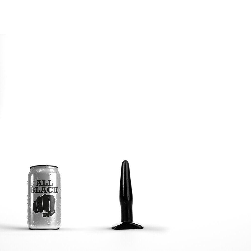 Schwarzer Analplug neben einer Dose mit dem Aufdruck "ALL BLACK" und einem Faust-Symbol.