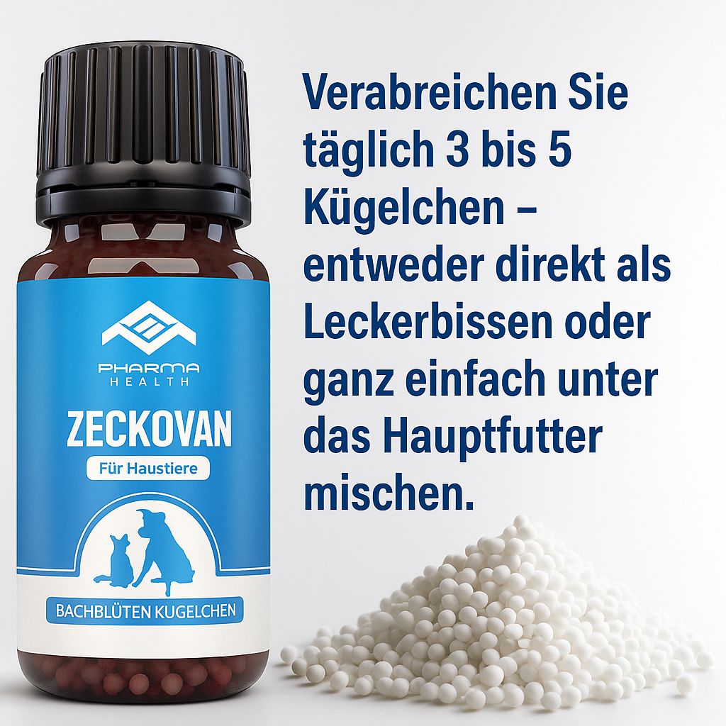 Braune Glasflasche mit schwarzem Deckel. Blaues Etikett mit Logo, Produktname Zeckovan, und Text "Für Haustiere". Text: Anwendung, Dosierung.