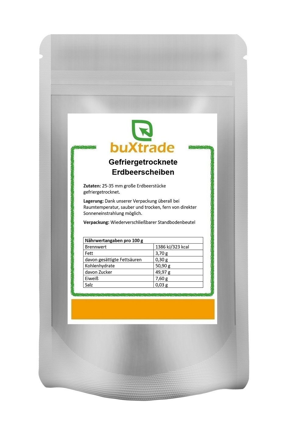 Beutel mit buXtrade Gefriergetrockneten Erdbeerscheiben. Aufdruck mit Nährwertangaben und Produktinformationen.