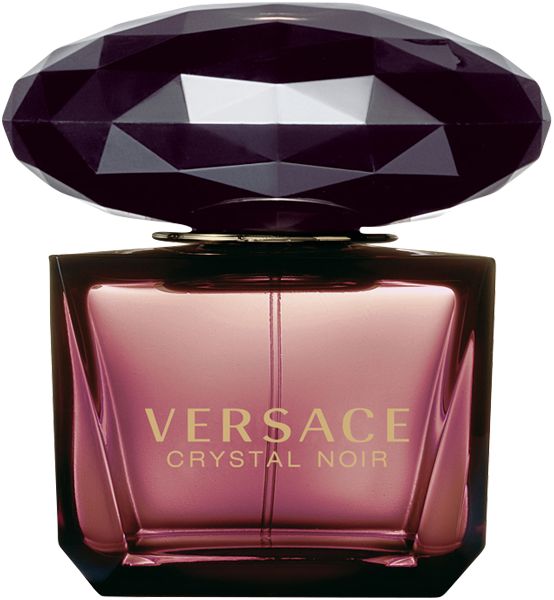 Versace Crystal Noir Flakon. Dunkelbraune, facettierte Kappe. Aufschrift Versace Crystal Noir.
