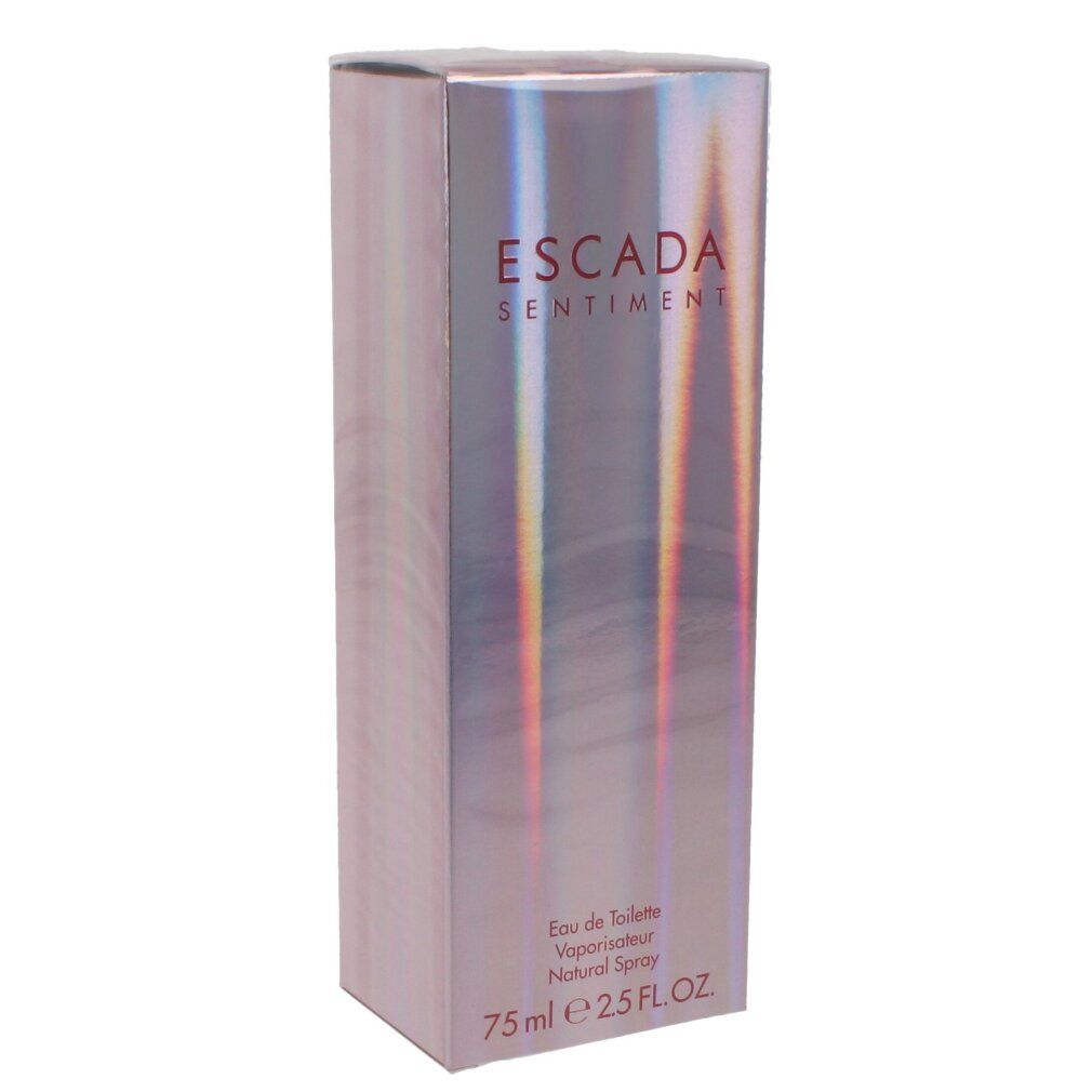Escada Sentiment EdT Verpackung. Silberfarbene Verpackung mit Schriftzug. Enthält 75 ml.