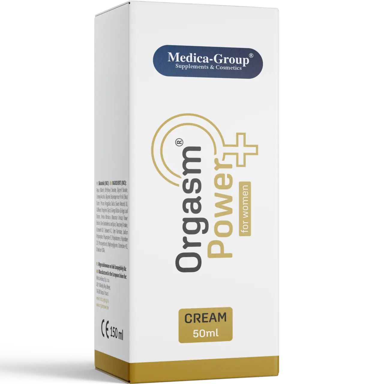 Weiße Produktverpackung mit Logo und Produktbezeichnung. Text: Orgasm Power for women, Creme 50ml. Marke: Medica-Group.