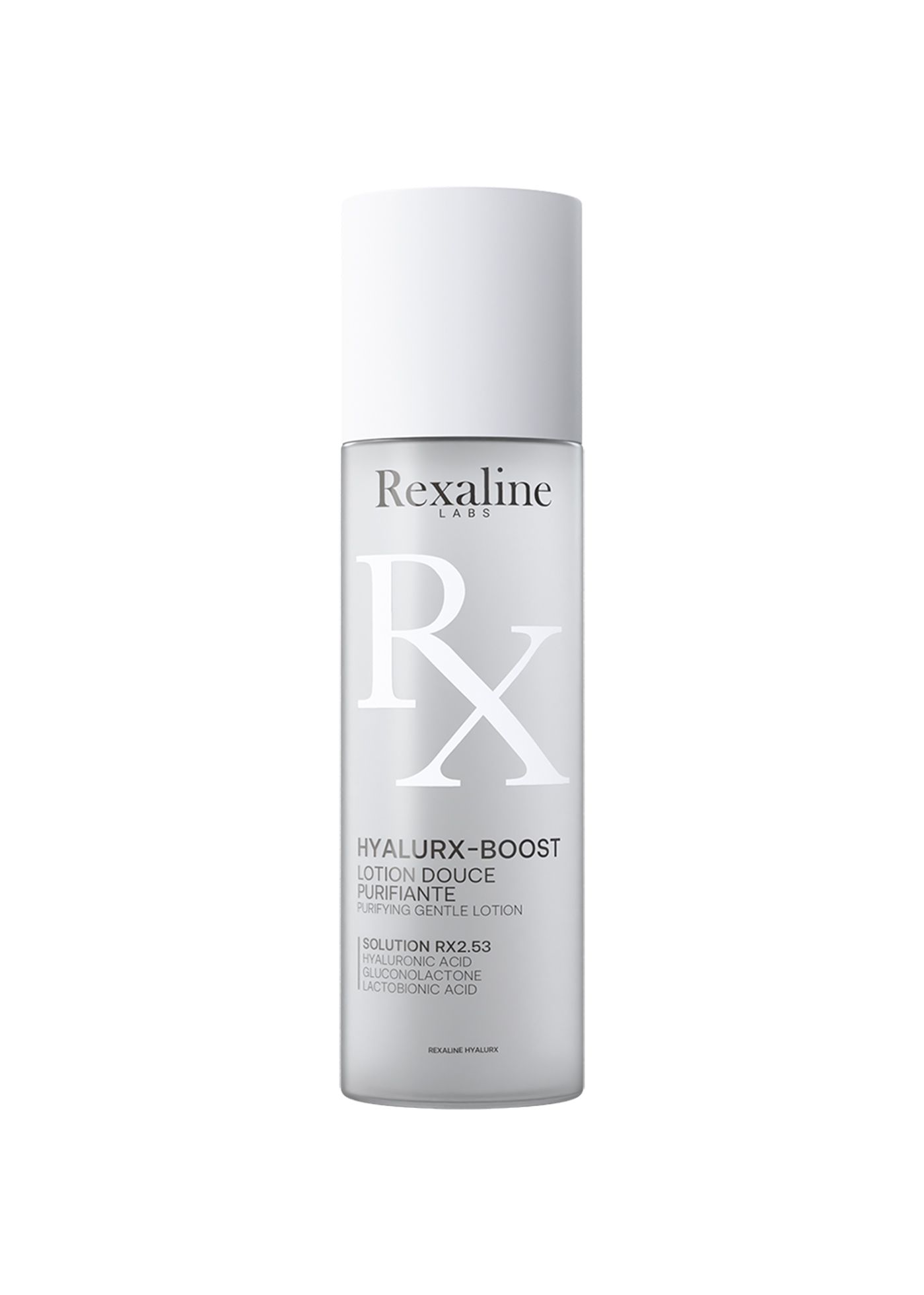 Zylindrische Flasche mit weißem Deckel. Aufschrift: Rexaline, Hyalurx-Boost, Lotion Douce Purifiante. Grauer Hintergrund.