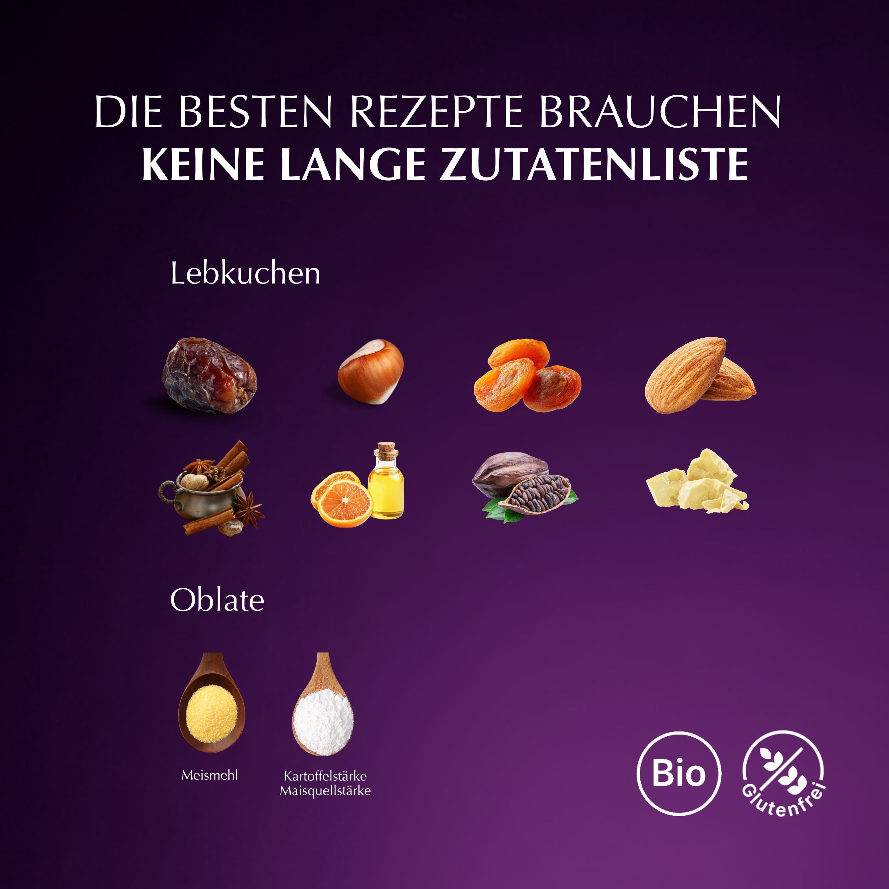 Zutaten für Lebkuchen: Datteln, Haselnuss, Aprikosen, Mandeln, Gewürze, Orange, Kakaobohnen, Butter. Oblaten: Mehl, Stärke.