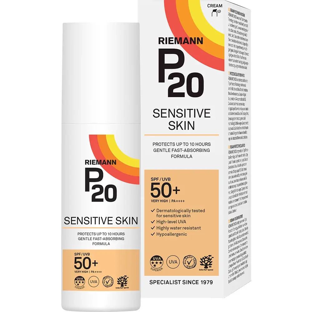 RIEMANN P20 Sensitive LSF 50+ Sonnencreme Flasche und Karton.