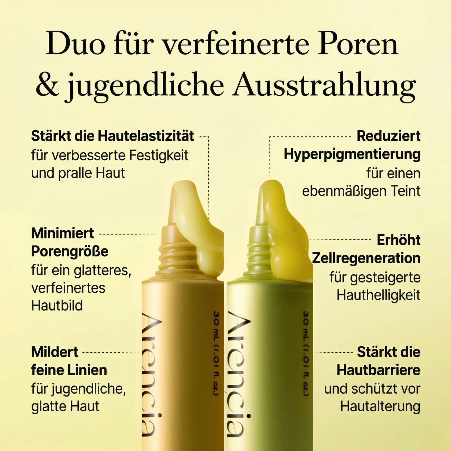 Zwei Tuben. Links: Vitamin C Booster Shot. Rechts: Retinal Booster Shot. Text. Goldfarbene Tuben mit grünen und gelben Akzenten. Text.