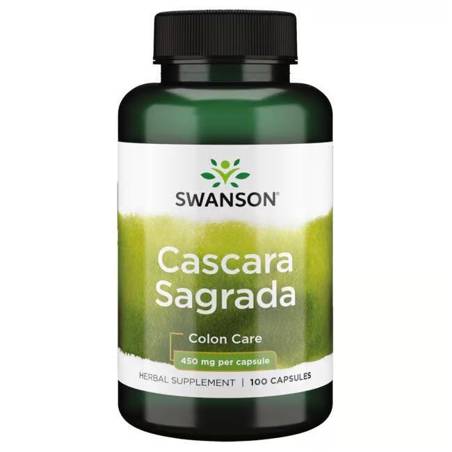 Grüne Flasche mit weißem Etikett. Aufschrift: SWANSON Cascara Sagrada, 450 mg pro Kapsel, 100 Kapseln.
