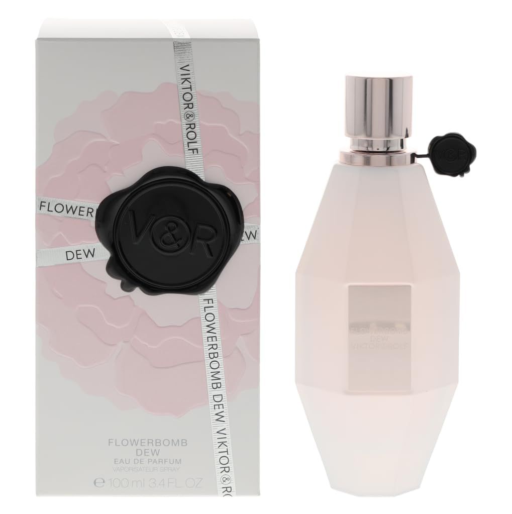 Parfümflasche und Verpackung. Flasche in Granatform, weiß. Verpackung mit rosa Blumenmuster und schwarzem Siegel.