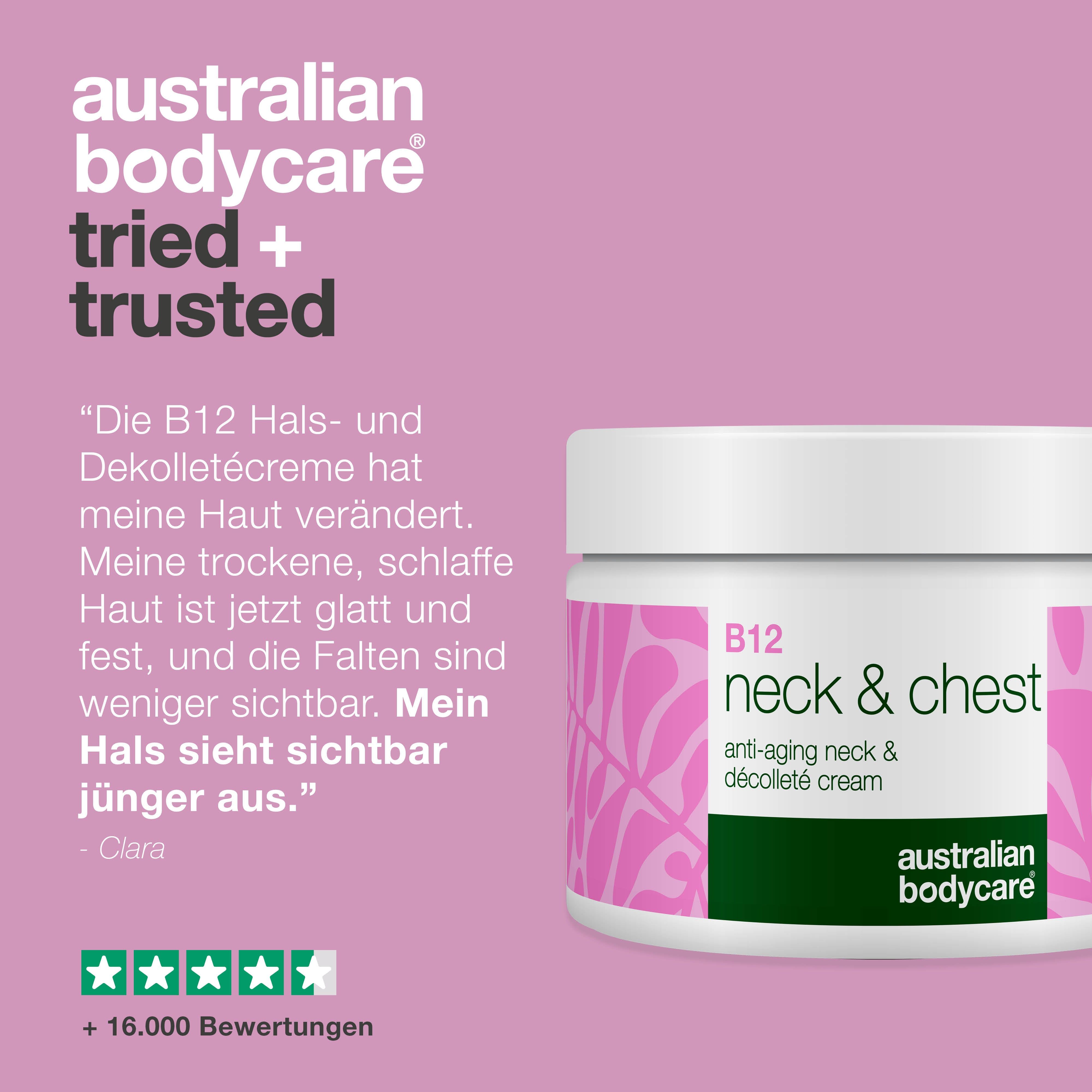 Australian Bodycare B12 Creme. Zitat: Haut verbessert, weniger Falten. 5 Sterne Bewertung, +16.000 Bewertungen.