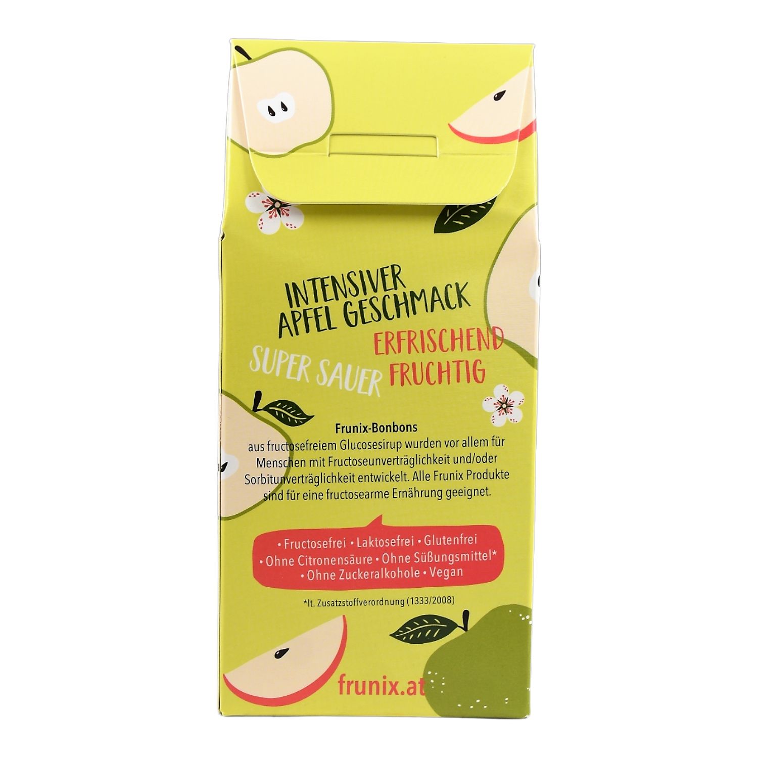Rückseite der Frunix Bonbons Verpackung. Grün-gelbe Schachtel mit Apfel-Illustrationen und Text. Enthält Informationen über das Produkt.
