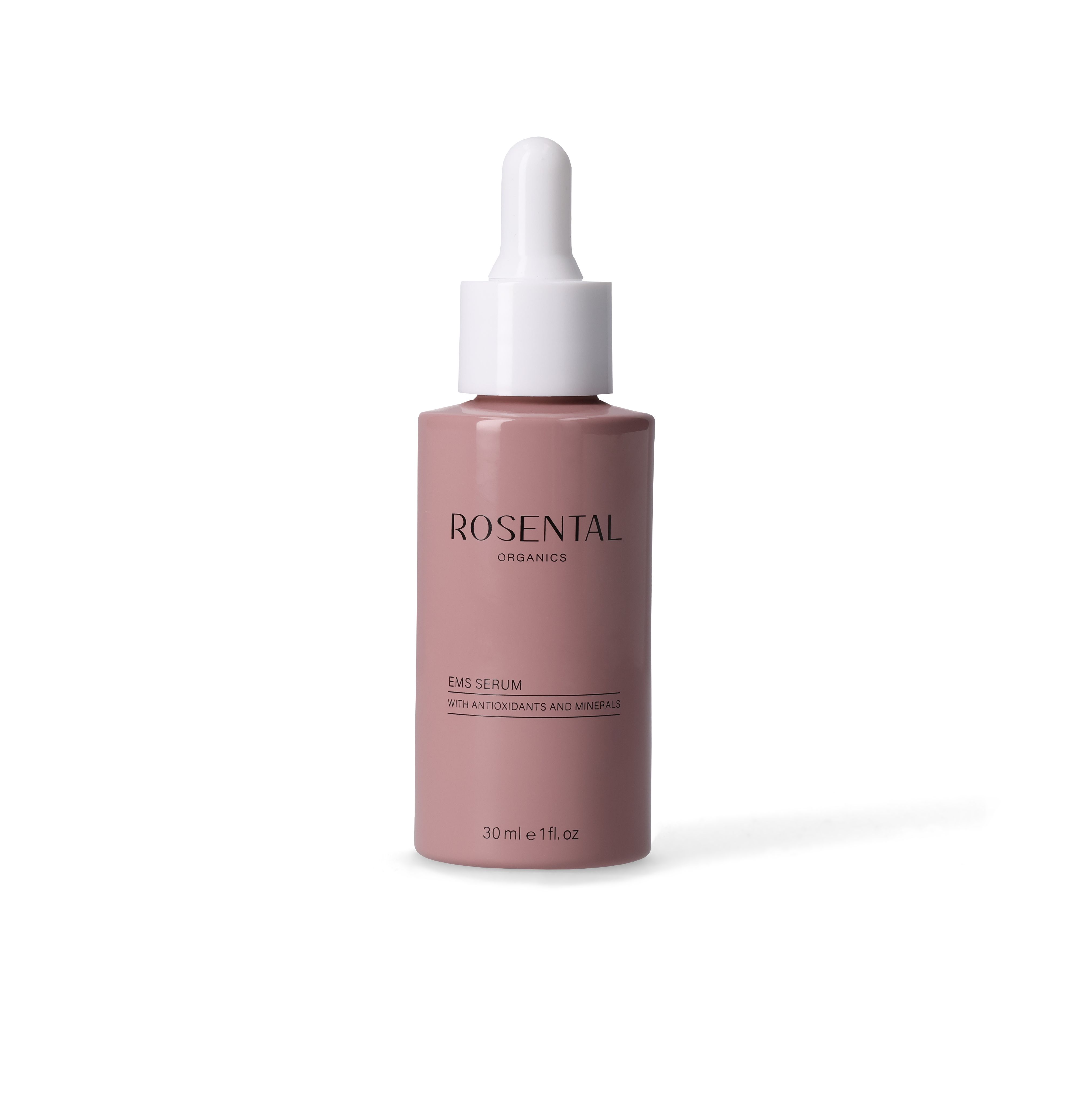 Rosa Flasche mit weißem Deckel und Pipette. Aufschrift: Rosental Organics EMS Serum. 30 ml.