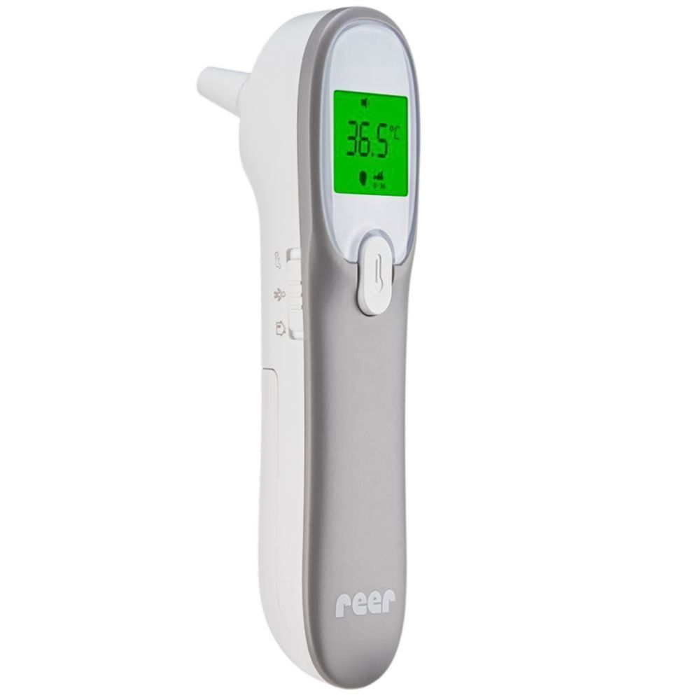 Ohrthermometer mit digitaler Anzeige. Graues und weißes Gehäuse. Anzeige mit grüner Temperaturanzeige.