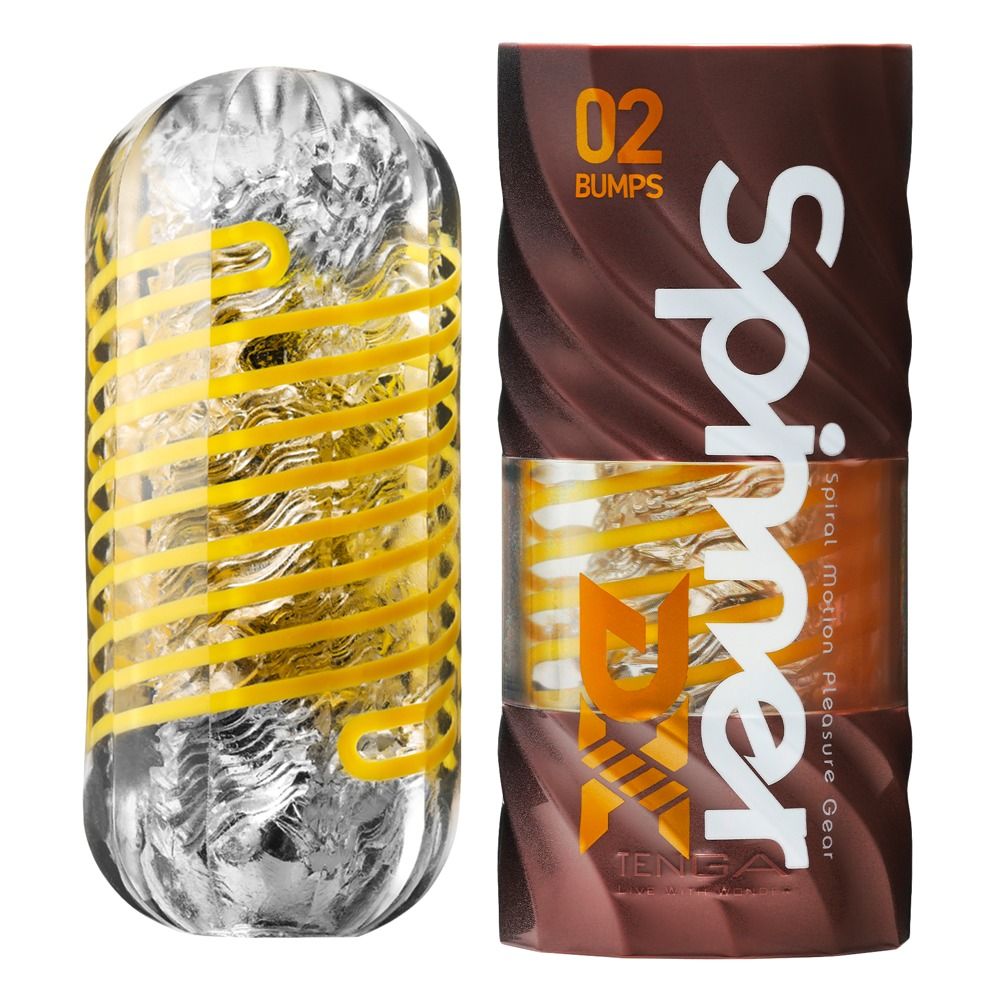 TENGA Spinner Deluxe Masturbator und seine Verpackung mit gelben Spiralen und silberner Innenstruktur.