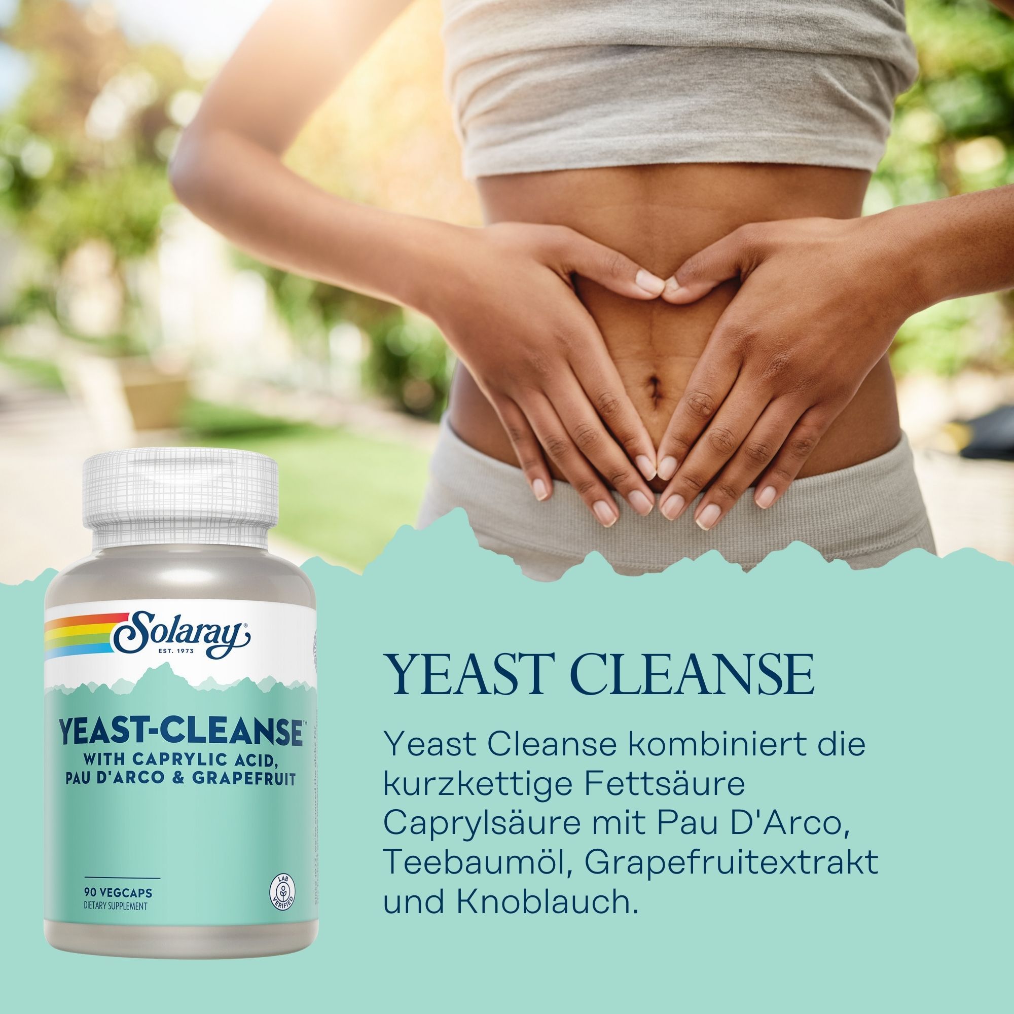 Solaray Yeast Cleanse Flasche mit 90 Vegcaps. Frau formt Herz mit Händen über dem Bauch. Text: Yeast Cleanse.