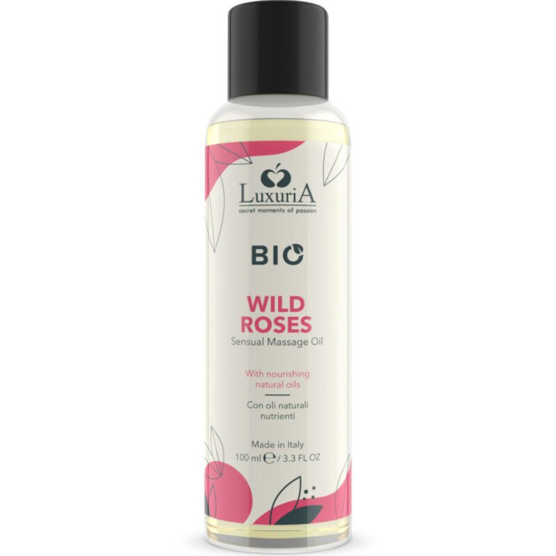 Klarflüssige Flasche mit schwarzem Deckel. Aufschrift: BIO Wild Roses. Mit nährenden Ölen. 100 ml.