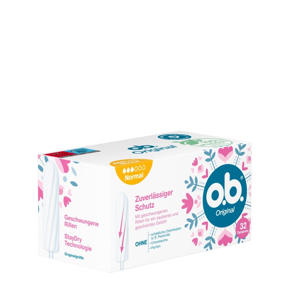 Packung o.b.® Original Tampons. Rückseite mit Informationen. Mit Markenlogo.