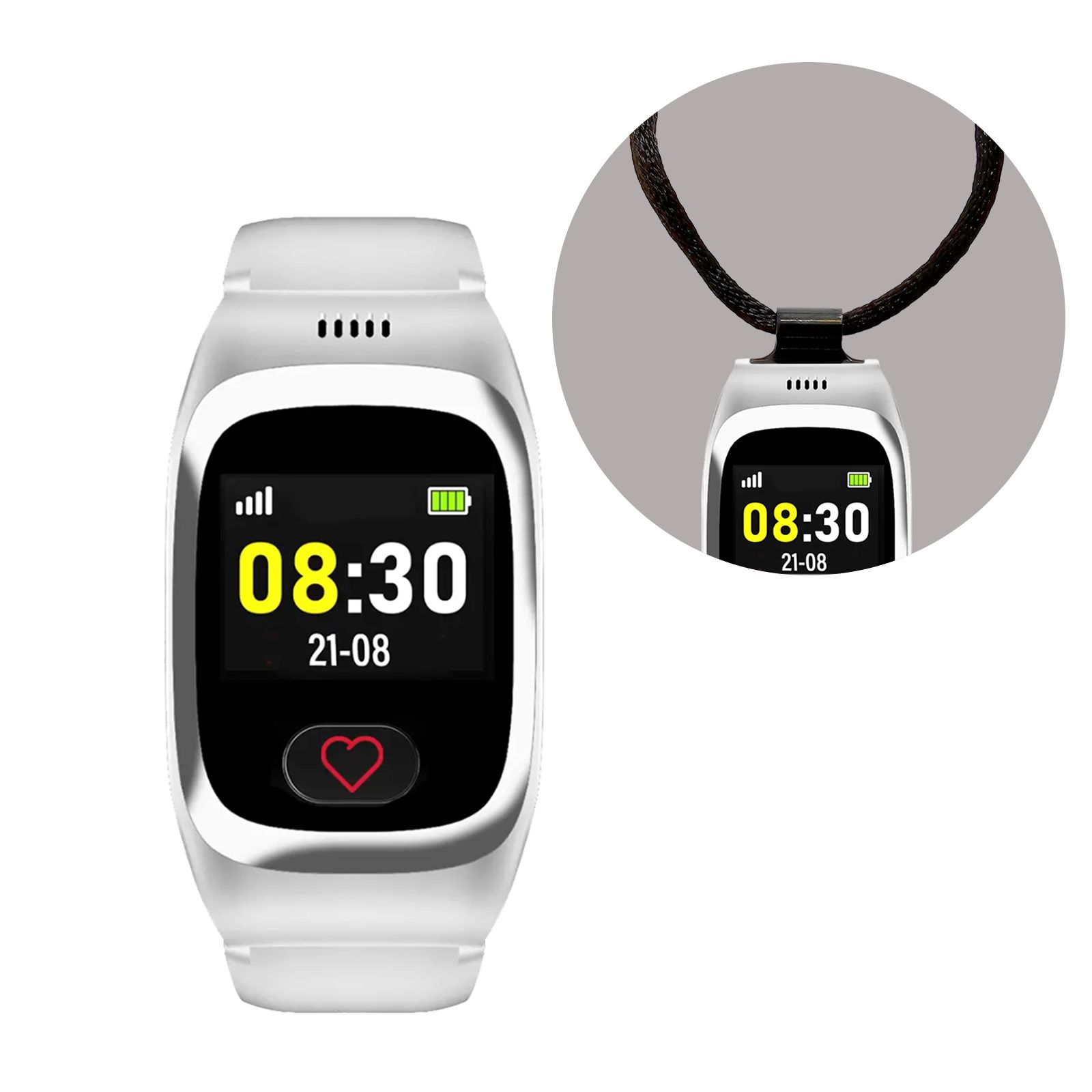 Weiße Smartwatch mit schwarzem Display. Zeigt Uhrzeit und Herzsymbol. Inklusive Anhänger.