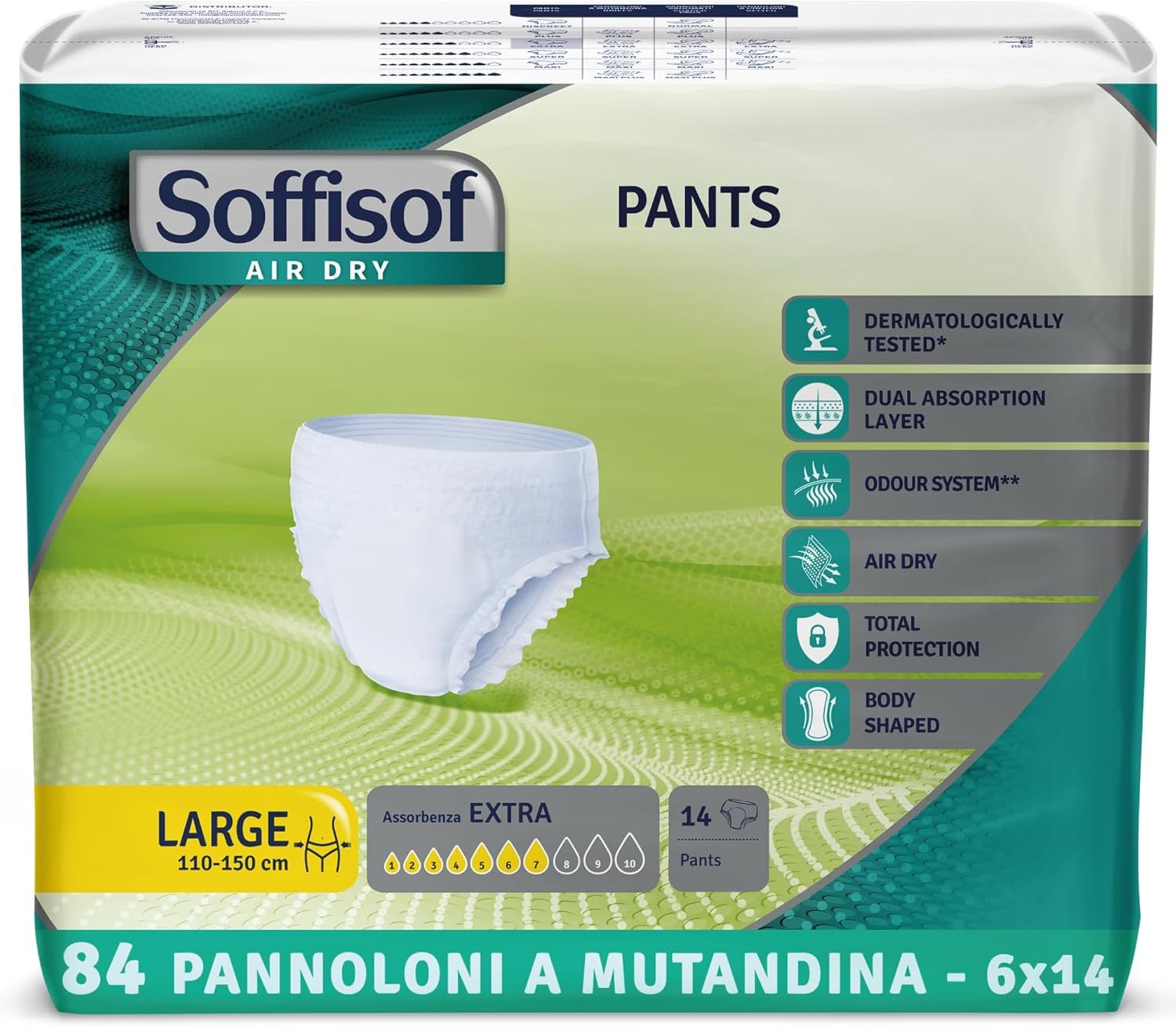 Soffisof Pants Extra Inkontinenz Windelhosen. Weiße Pants, Größe L, 110-150 cm. 84 Stück. Verpackung mit Produktmerkmalen.