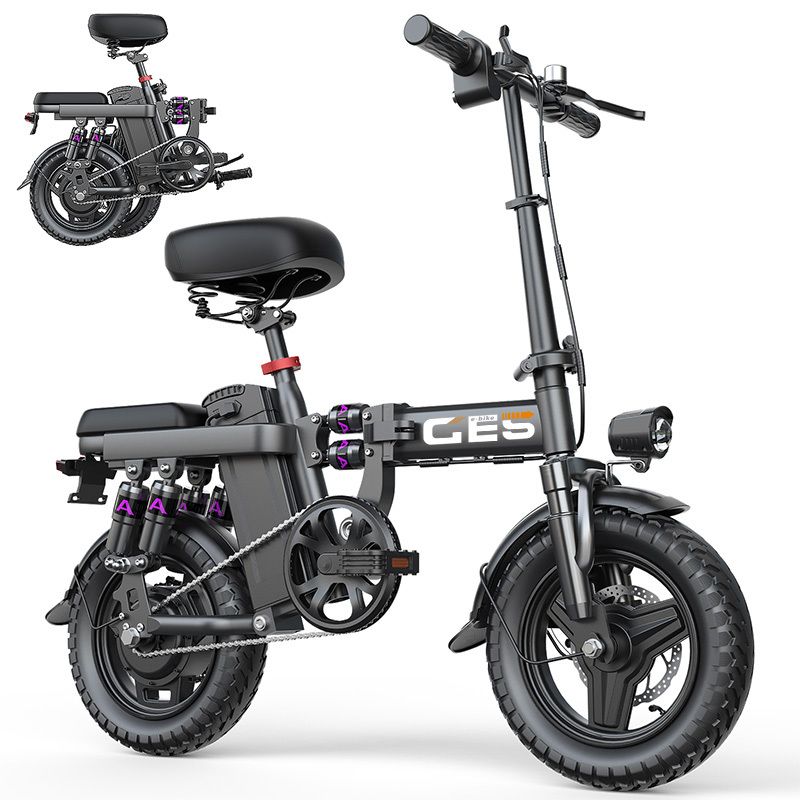 Gefaltetes E-Bike in Grau. Merkmale: Schwarze Reifen, Sattel, Lenker, Frontlicht, CES-Logo.