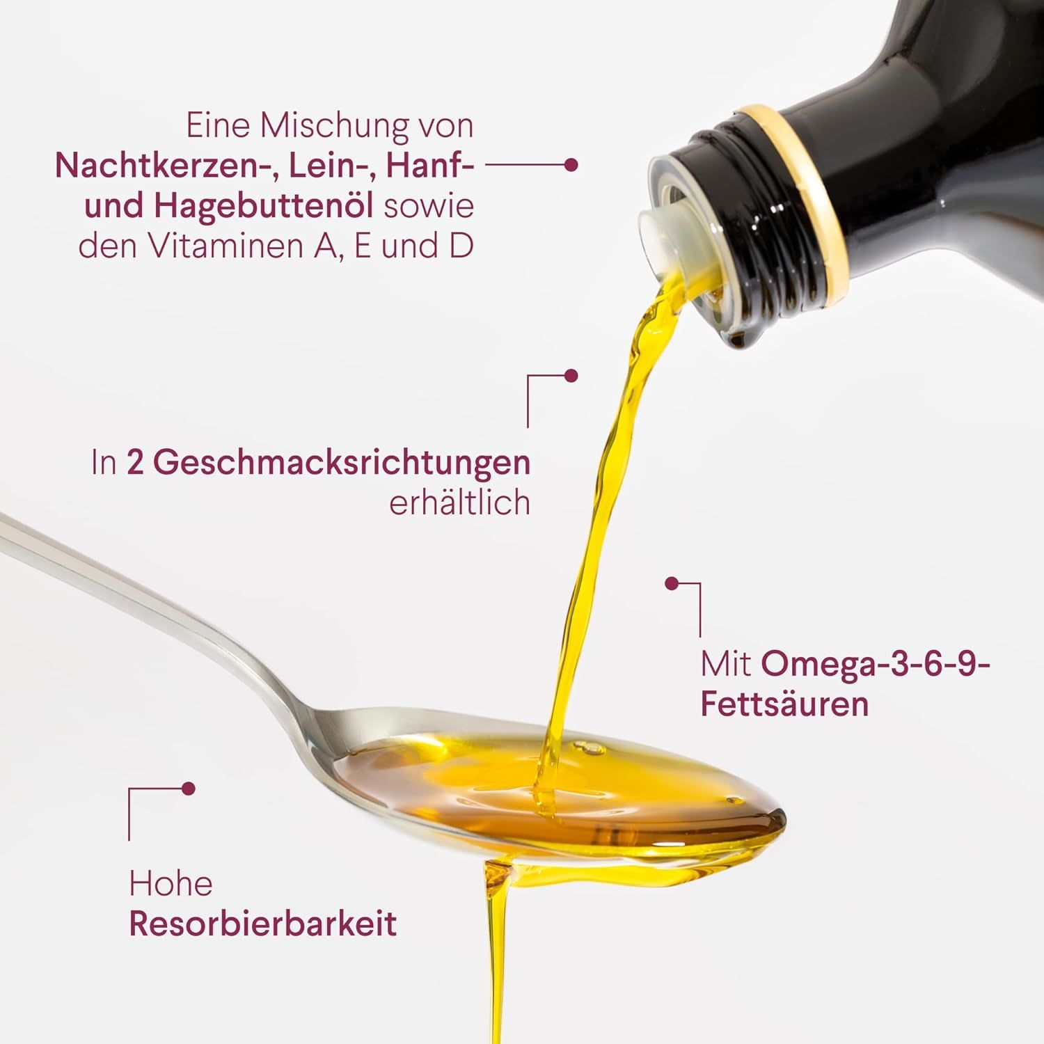 Öl wird in einen Löffel gegossen. Aufschrift: Mit Omega-3-6-9-Fettsäuren, hohe Resorbierbarkeit. Enthält Nachtkerzen-, Lein-, Hanf- und Hagebuttenöl.