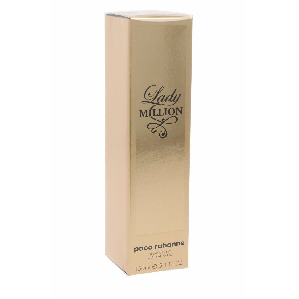 Goldfarbene Verpackung von Paco Rabanne Lady Million Deodorant. Mit weißem Schriftzug Lady Million und Paco Rabanne.