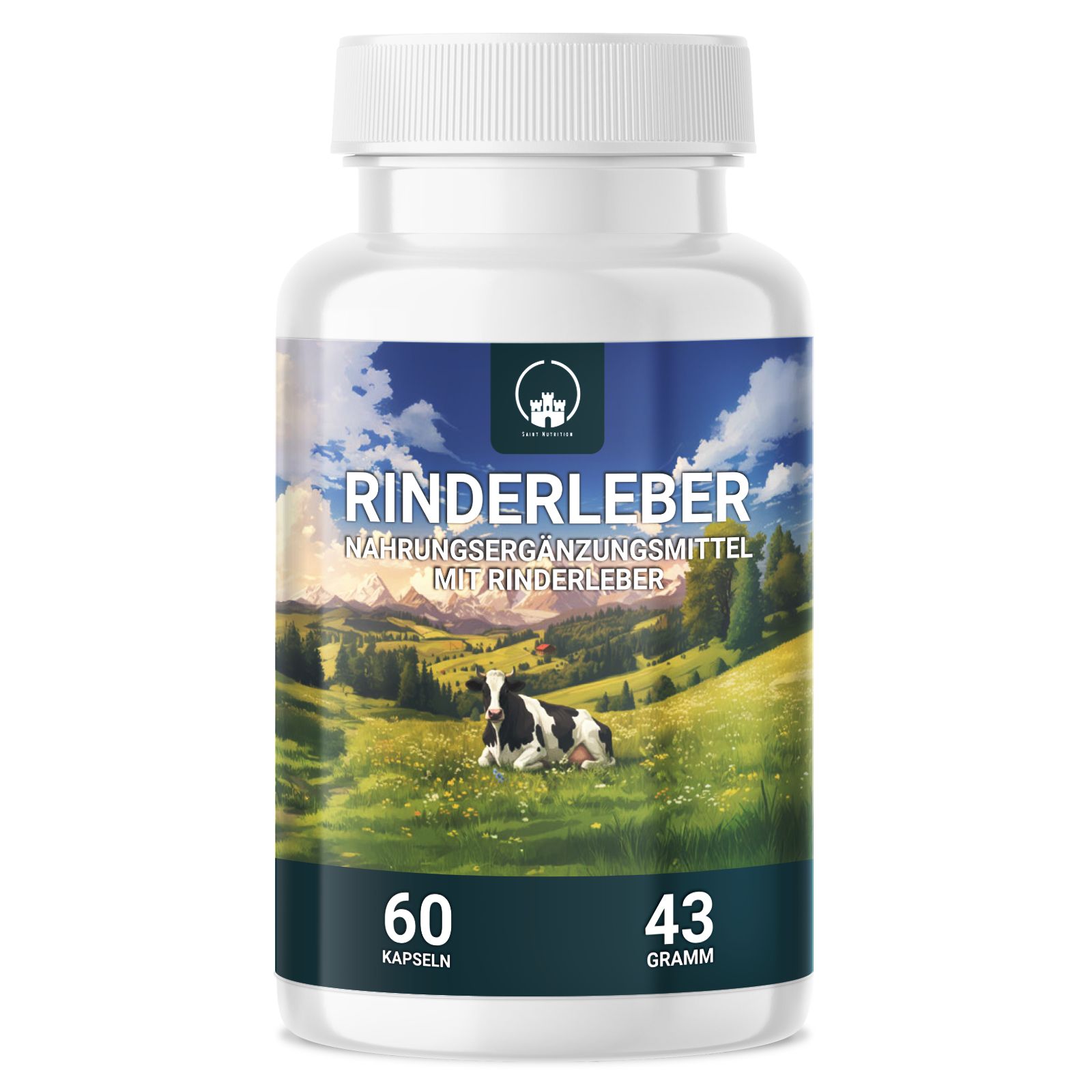 Weiße Flasche mit Kapseln. Etikett mit Text: Rinderleber, Nahrungsergänzungsmittel. 60 Kapseln, 43 Gramm.