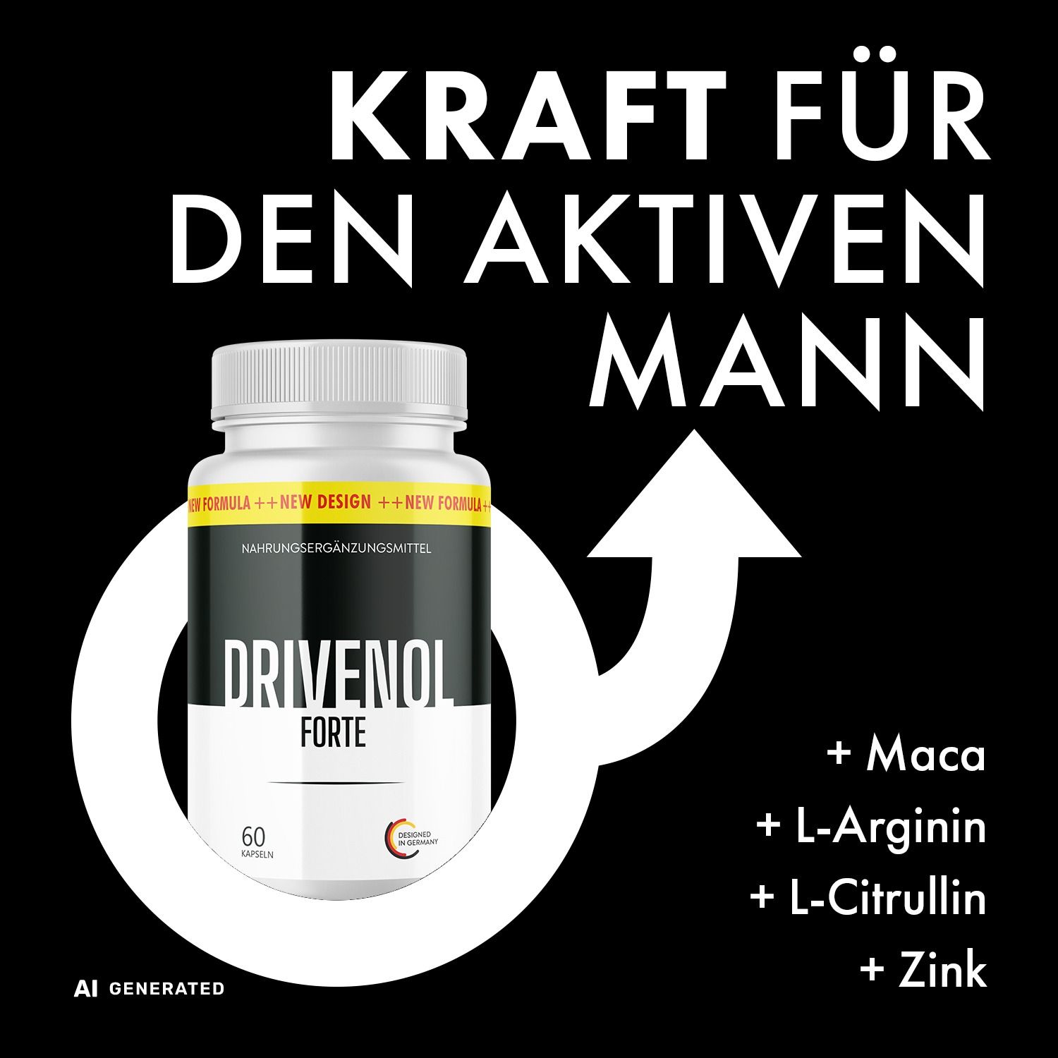 Alpha Edge Forte Drive Kapseldose neben einem stilisierten männlichen Symbol und Pfeil.