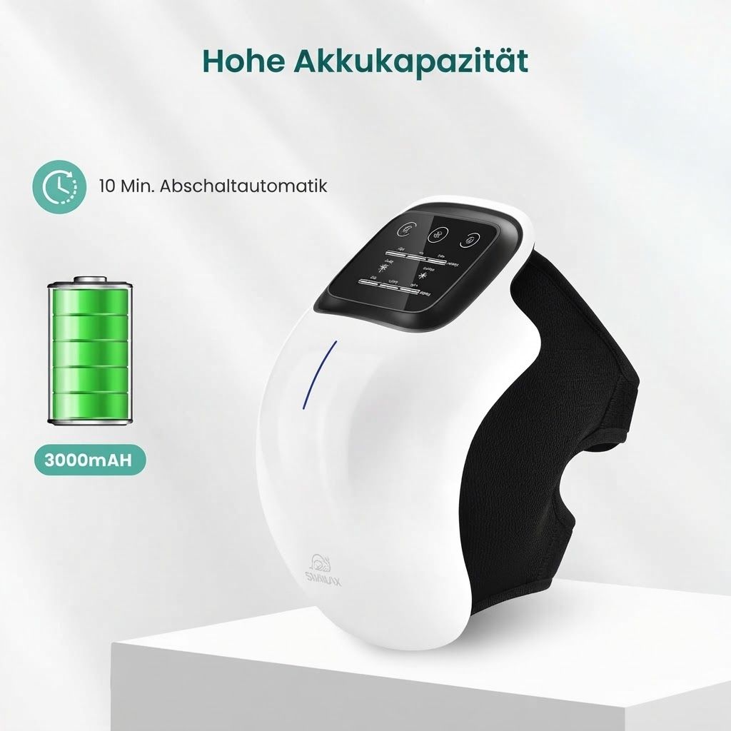 Ein weißes Kniemaschinen-Massagegerät mit schwarzem Klettverschluss und LED-Anzeige.