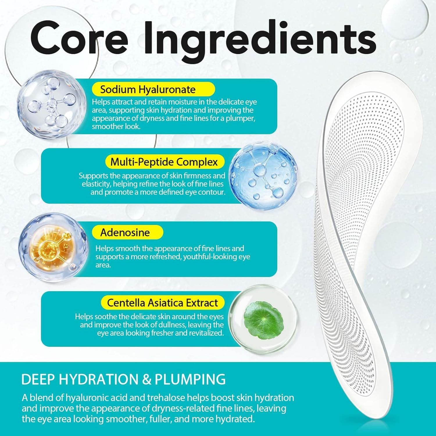 Produktabbildung mit Inhaltsstoffen: Natriumhyaluronat, Multi-Peptid-Komplex, Adenosin, Centella Asiatica-Extrakt. Pad-Design.